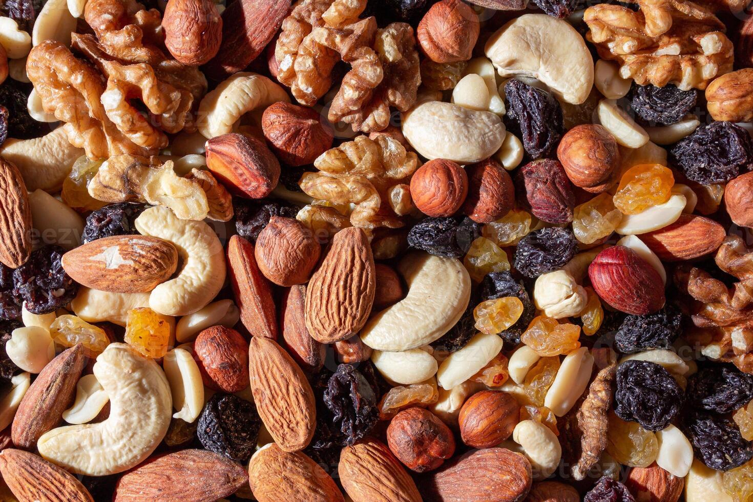 Mixed Nuts. Almonds, Walnuts, Cashews, Peanuts, Hazelnuts, Dried Prunes and Raisins. Different Nut Mix. Background from Various Nuts and Dried Fruits photo