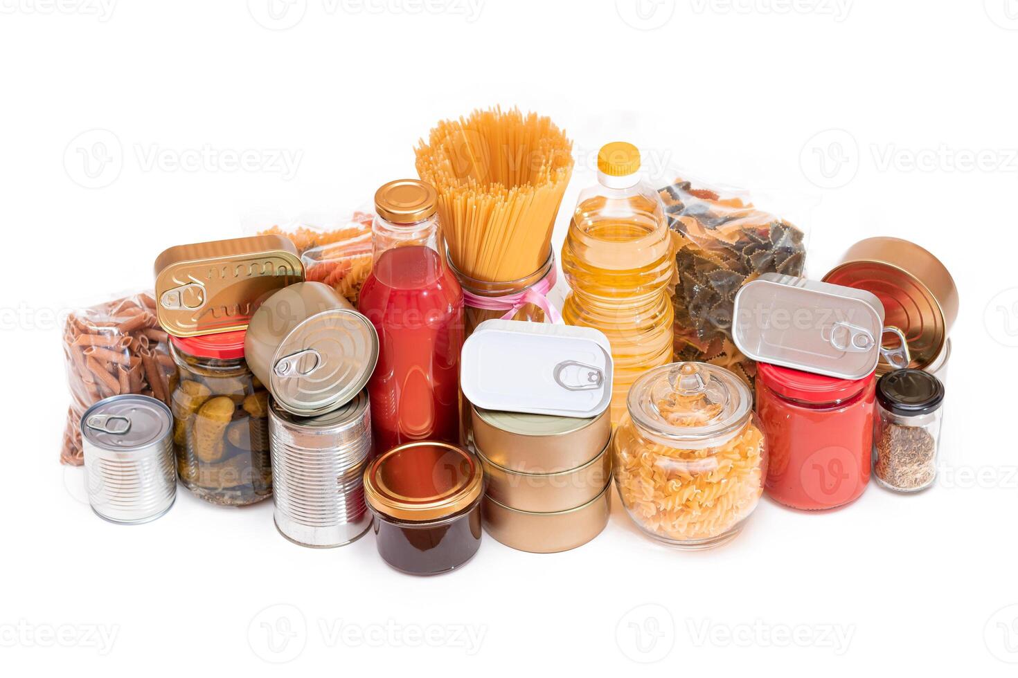 Food Reserves. Canned Food, Spaghetti, Tomato Juice, Pasta and Grocery - Isolated on White Background. Emergency Food Storage in Case of Crisis. Strategic Food Supplies - Isolation photo