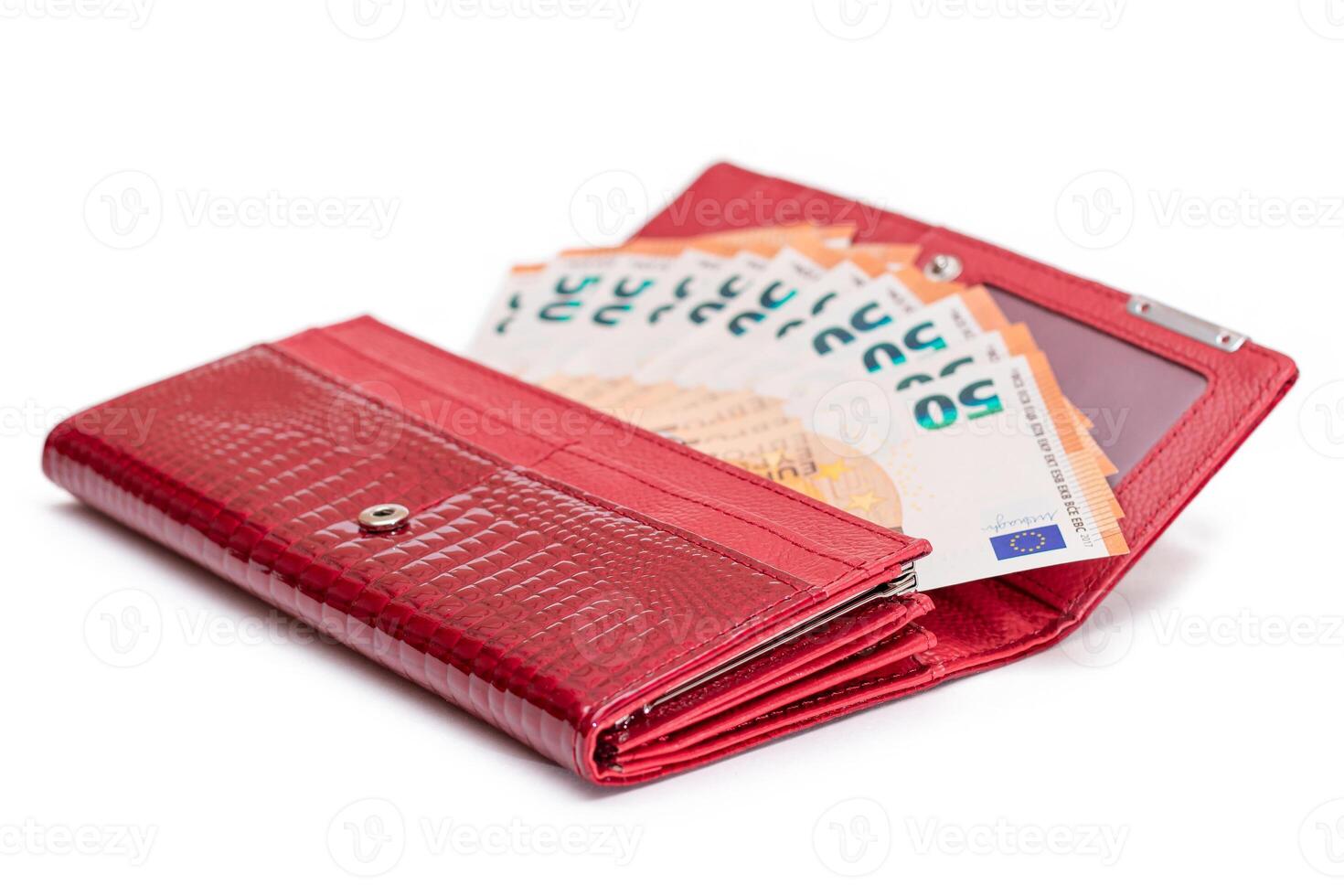 Opened Red Women Purse with 50 Euro Banknotes Inside - Isolated on White Background. A Wallet Full of Money Symbolizing Wealth, Success, Shopping and Social Status - Isolation photo