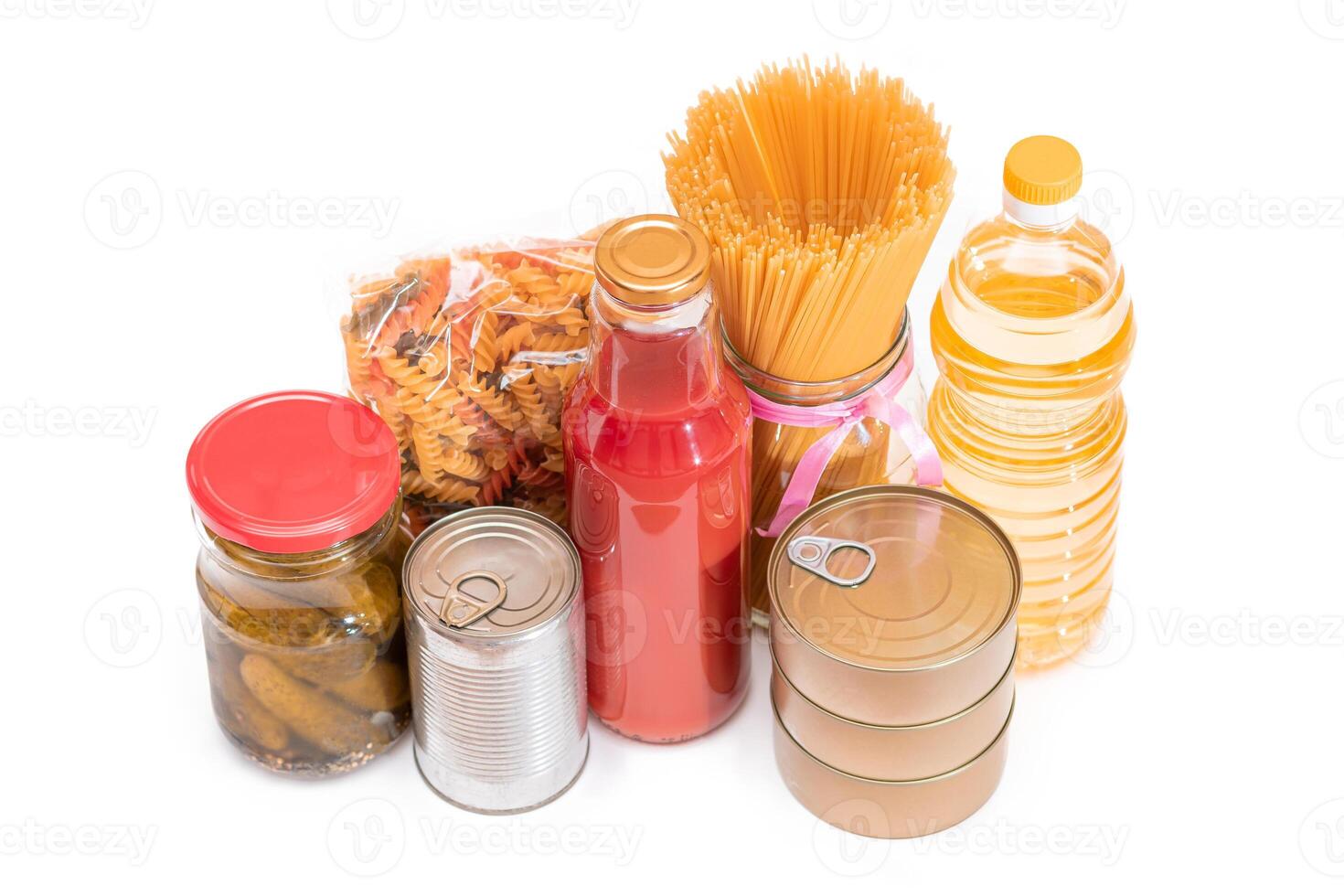 Food Reserves. Canned Food, Spaghetti, Tomato Juice, Pasta and Grocery - Isolated on White Background. Emergency Food Storage in Case of Crisis. Strategic Food Supplies - Isolation photo