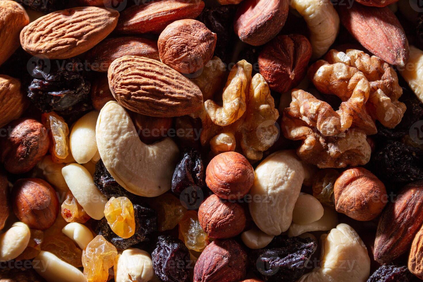 Mixed Nuts. Almonds, Walnuts, Cashews, Peanuts, Hazelnuts, Dried Prunes and Raisins. Different Nut Mix. Background from Various Nuts and Dried Fruits photo