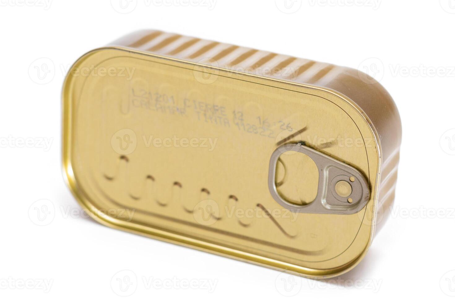Unopened Rectangular Tin Can Isolated on White Background. Canned Food. Aluminum Can for Safe and Long Term Storage of Food. Steel Sealed Food Storage Container - Isolation photo