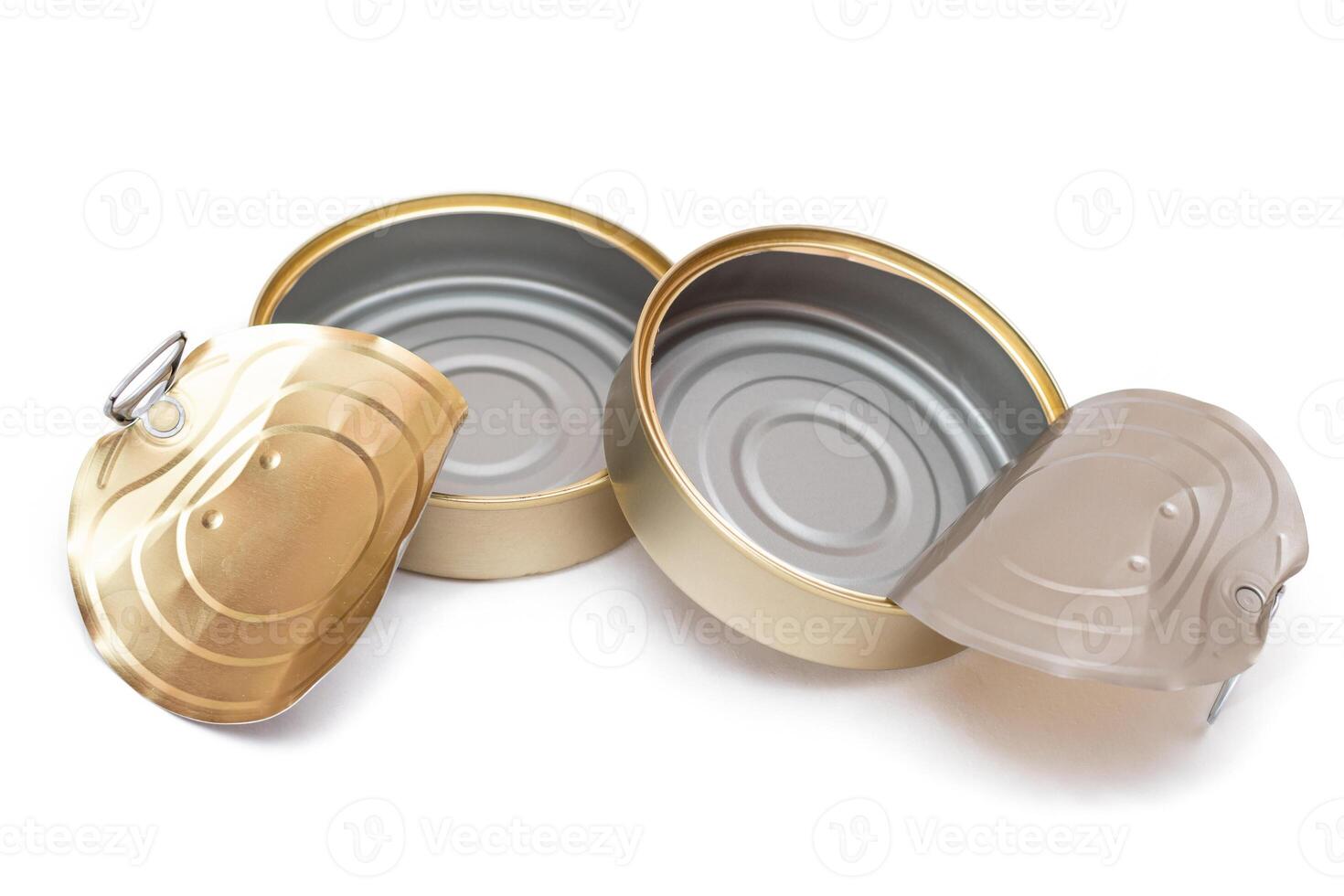 Two Opened Empty Tin Cans With Broken Cover Isolated on White Background. Clean Used Aluminum Cans - Isolation. Non-Degradable Inorganic Waste photo