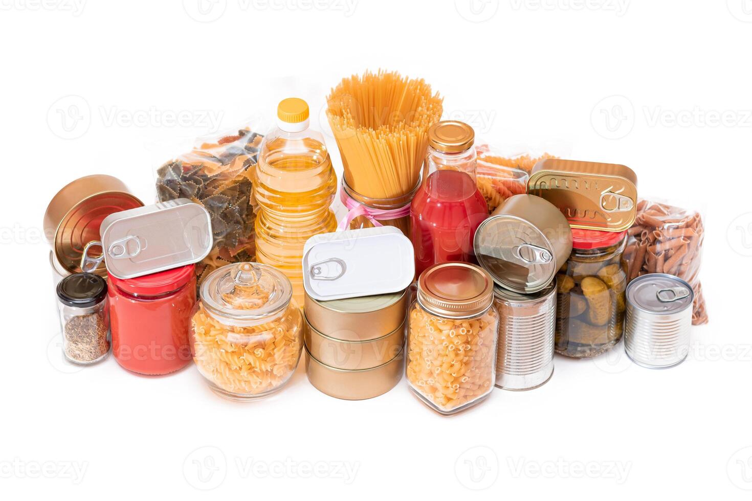 Food Reserves. Canned Food, Spaghetti, Tomato Juice, Pasta and Grocery - Isolated on White Background. Emergency Food Storage in Case of Crisis. Strategic Food Supplies - Isolation photo