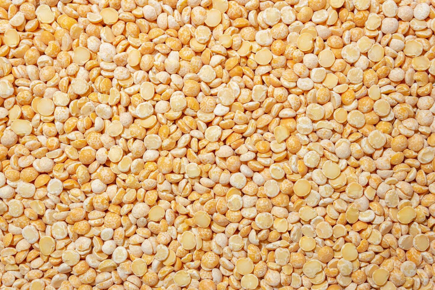 Uncooked Polished Split Peas Background. A Culinary Canvas of Dry Yellow Peas, Creating a Lively and Textured Background for Gourmet Cooking. Scattered Raw Polished Peas. Healthy Eating Ingredients photo