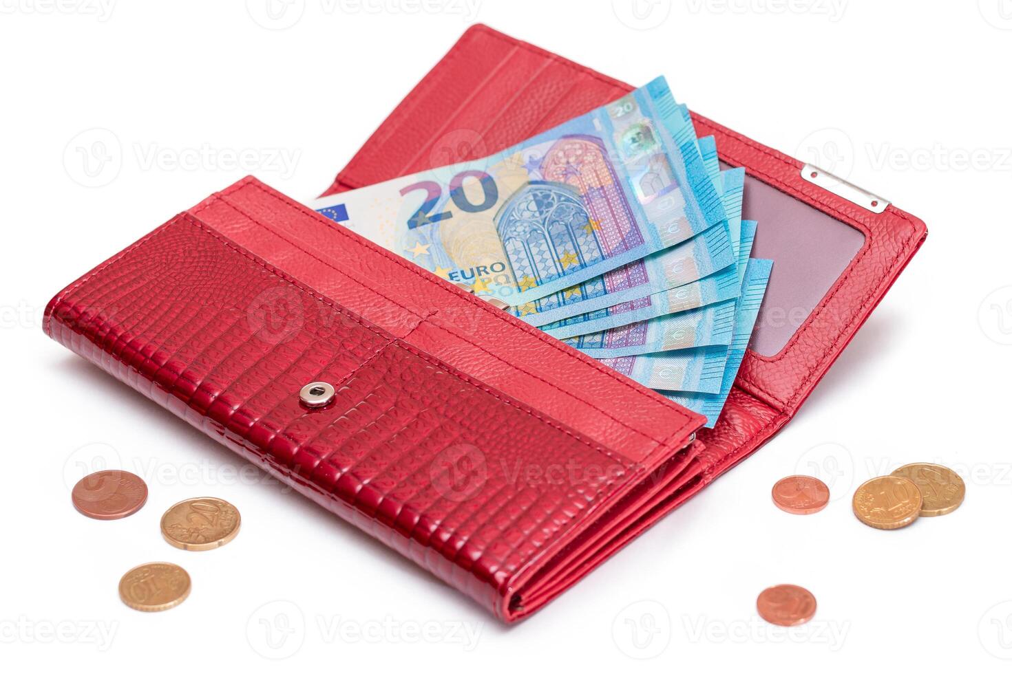 Opened Red Women Purse with 20 Euro Banknotes Inside and Scattered Euro Cent Coins - Isolated on White Background. A Wallet Full of Money Symbolizing Wealth, Success, Shopping and Social Status - Isolation photo