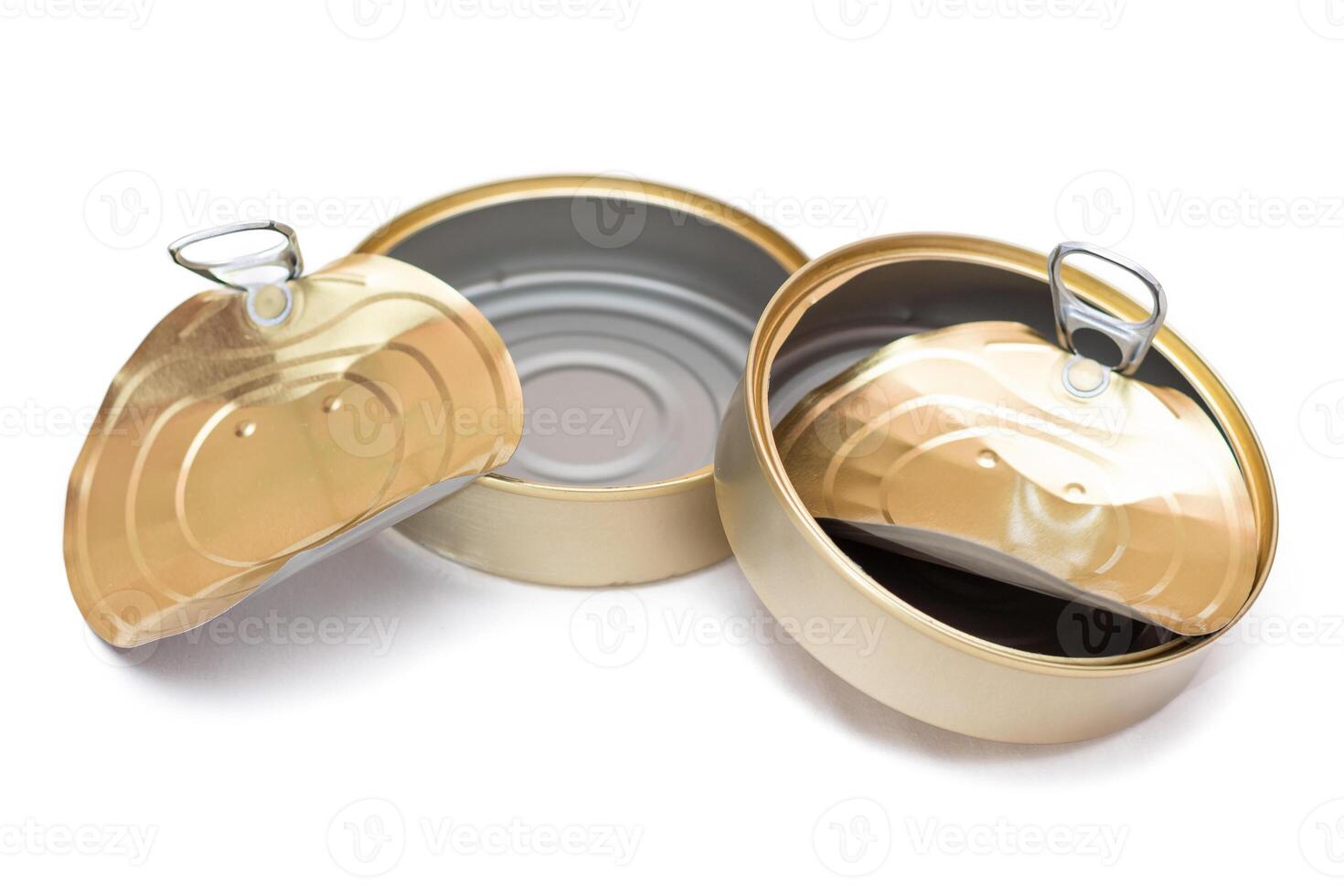 Two Opened Empty Tin Cans With Broken Cover Isolated on White Background. Clean Used Aluminum Cans - Isolation. Non-Degradable Inorganic Waste photo