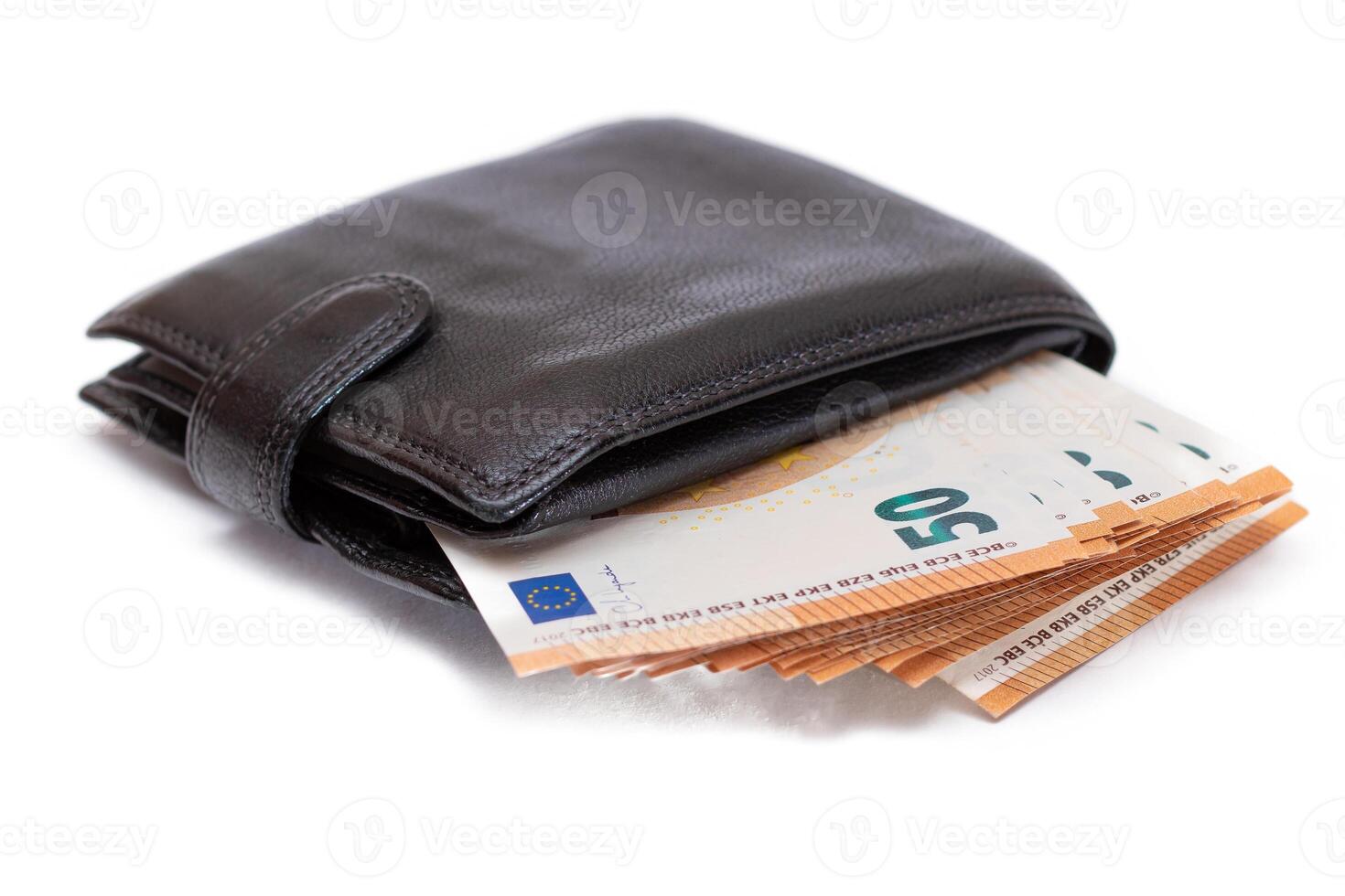 Black Leather Men Wallet with Fifty Euro Banknotes Inside - Isolated on White Background. A Purse Full of Money Symbolizing Wealth, Success and Social Status - Isolation photo