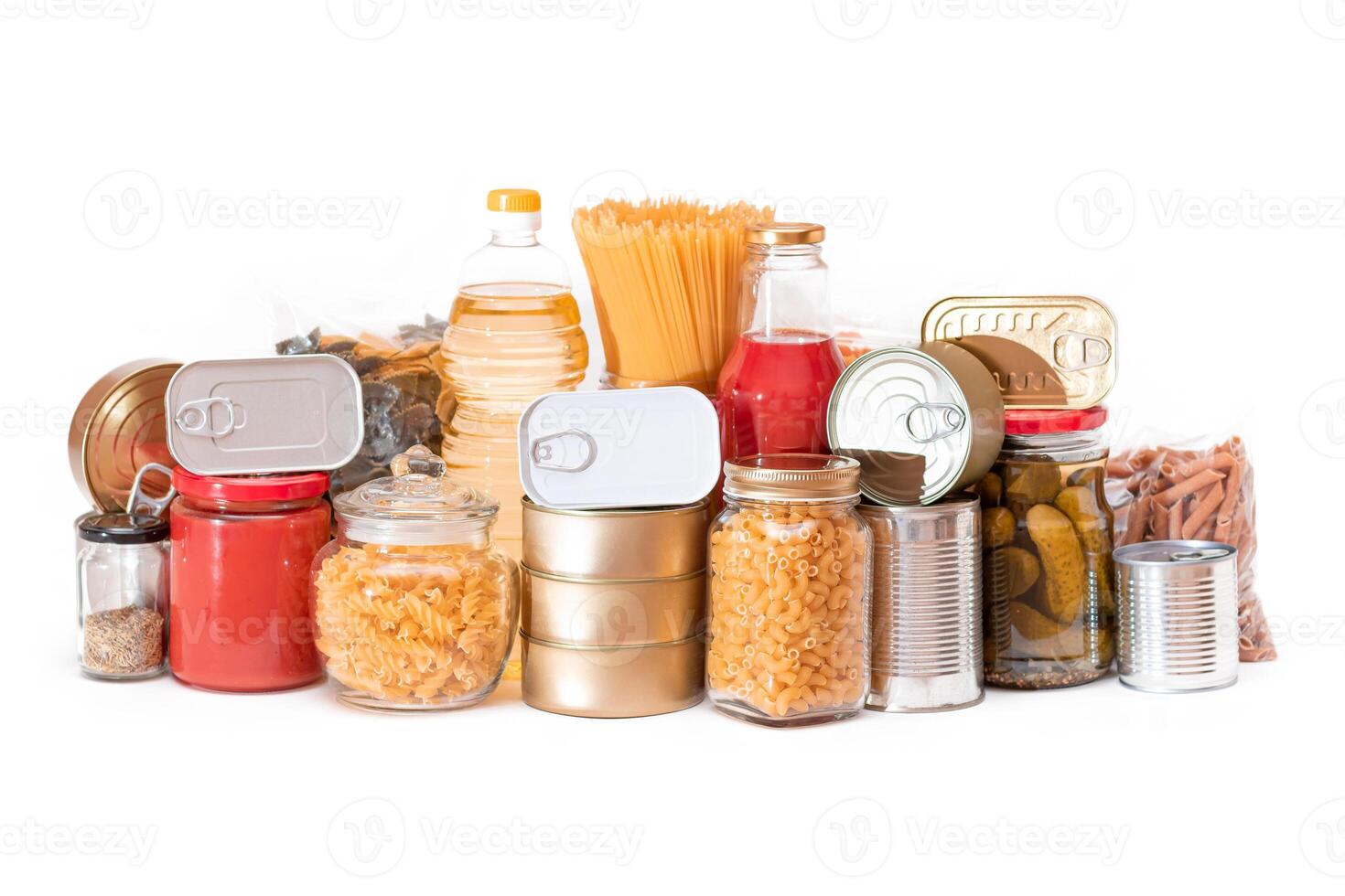Food Reserves. Canned Food, Spaghetti, Tomato Juice, Pasta and Grocery - Isolated on White Background. Emergency Food Storage in Case of Crisis. Strategic Food Supplies - Isolation photo