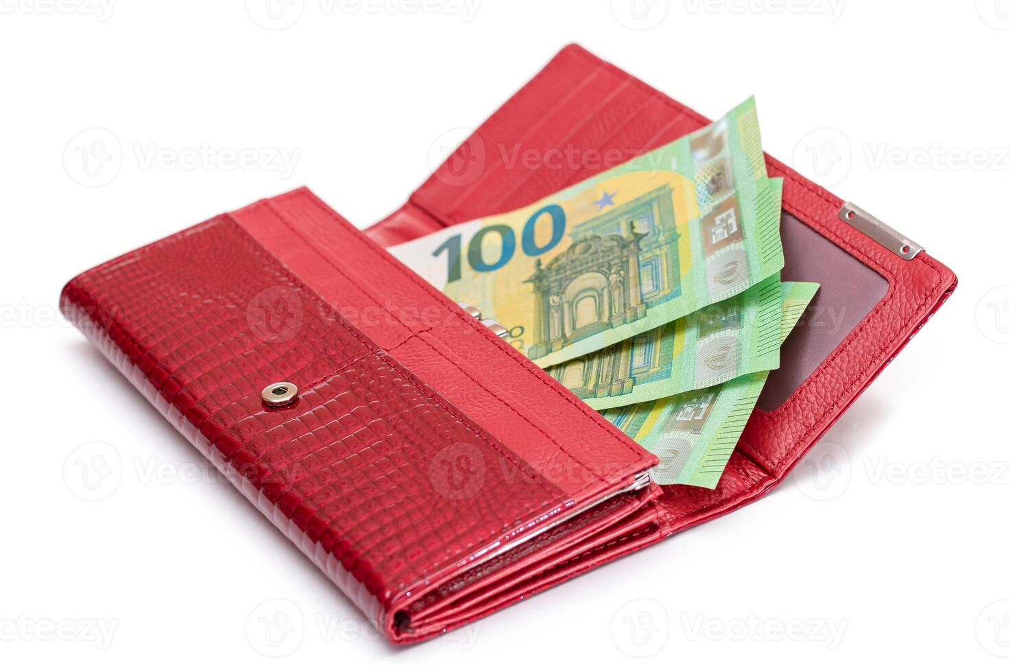 Opened Red Leather Women Purse with One Hundred Euro Banknotes Inside - Isolated on White Background. A Wallet Full of Money Symbolizing Wealth, Success, Shopping and Social Status - Isolation photo