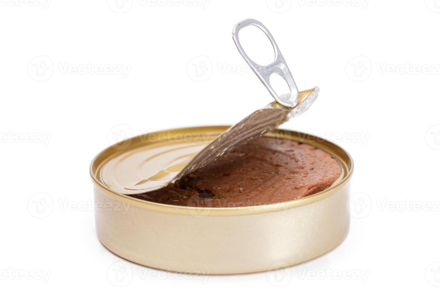 Opened Tin Can with Chicken Liver Pate Isolated on White Background. Open Canned Pate - Isolation photo
