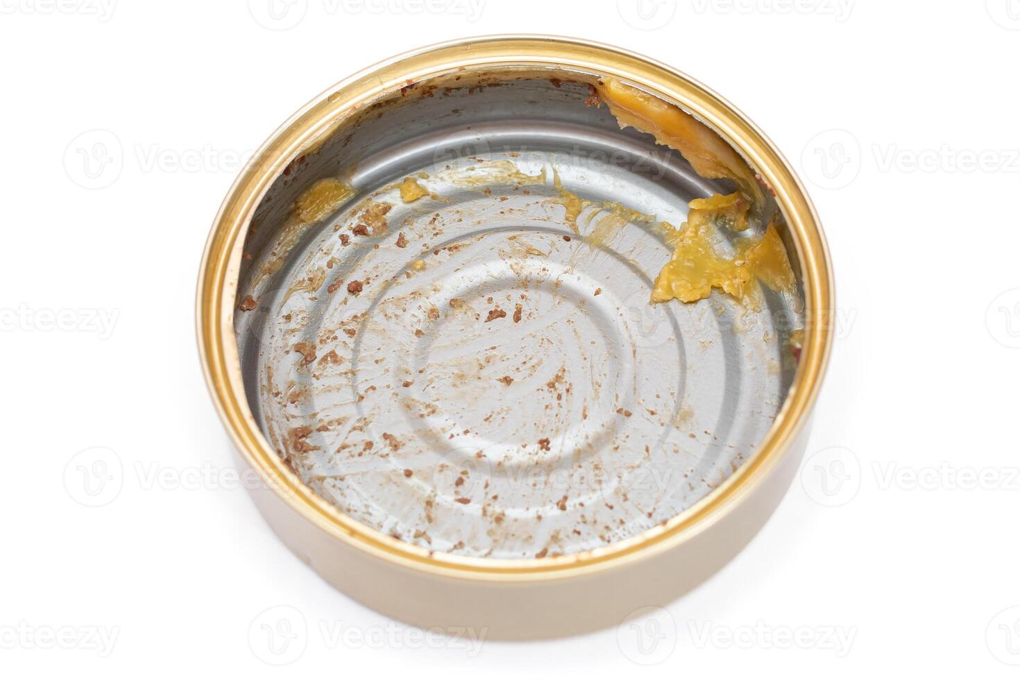 Opened Empty Tin Can Isolated on White Background. Dirty Used Aluminum Can - Isolation. Non-Degradable Inorganic Waste photo