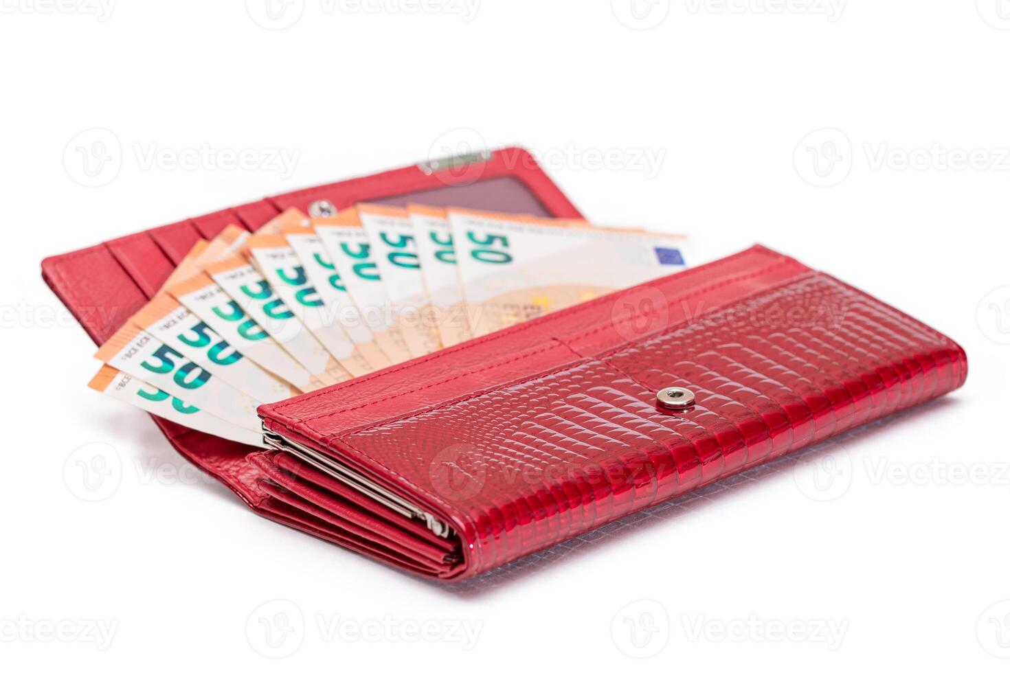 Opened Red Women Purse with 50 Euro Banknotes Inside - Isolated on White Background. A Wallet Full of Money Symbolizing Wealth, Success, Shopping and Social Status - Isolation photo