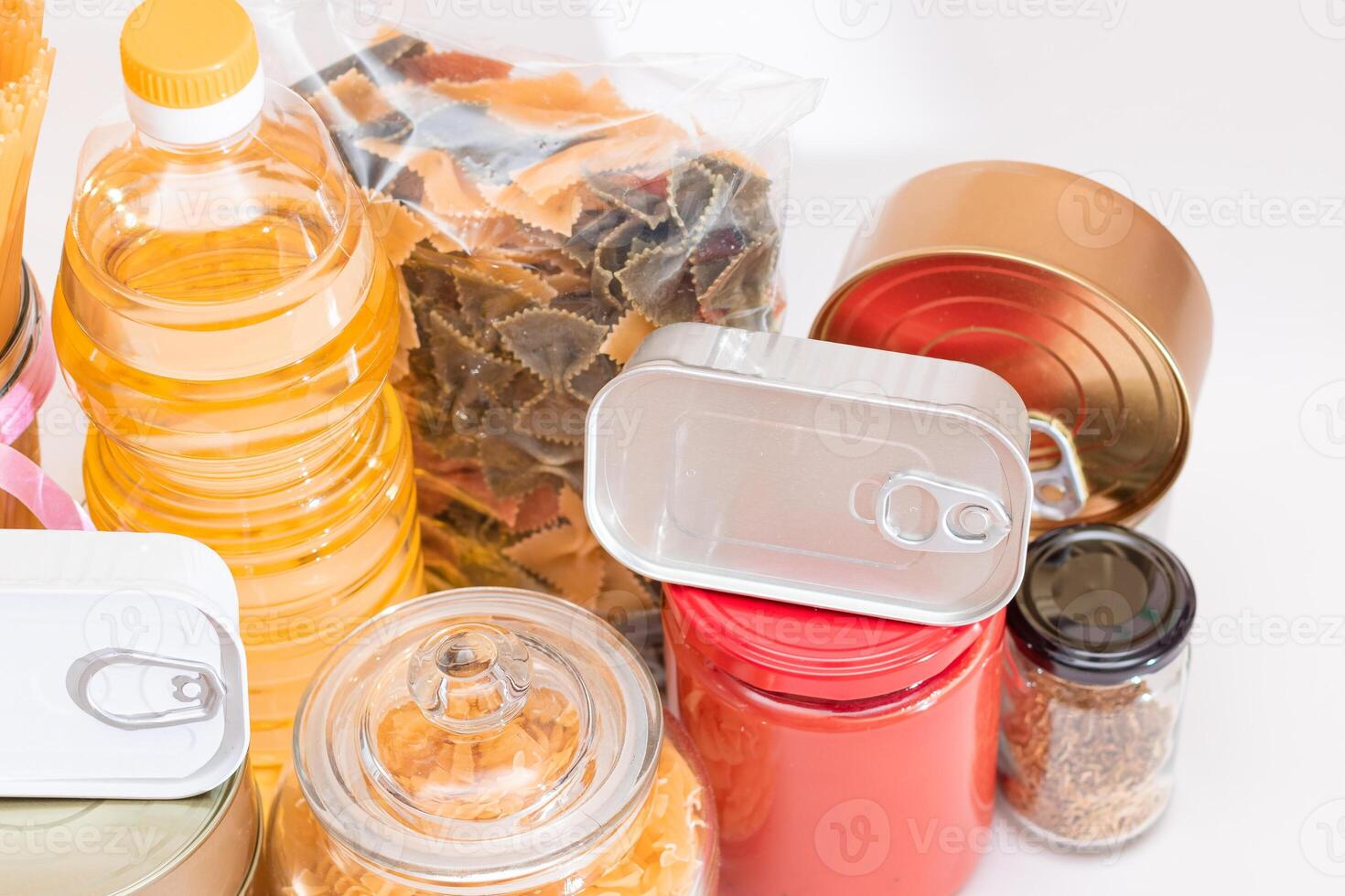 Food Reserves. Canned Food, Spaghetti, Tomato Juice, Pasta and Grocery. Emergency Food Storage in Case of Crisis. Strategic Food Supplies photo