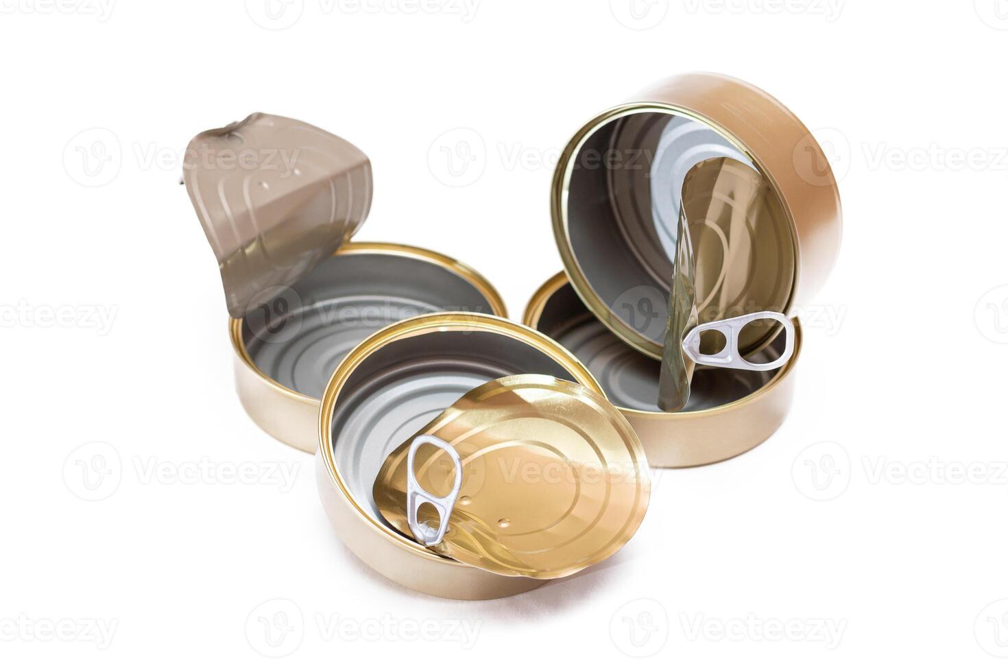 Three Opened Empty Tin Cans with Broken Cover Isolated on White Background. Clean Used Aluminum Cans - Isolation. Non-Degradable Inorganic Waste photo