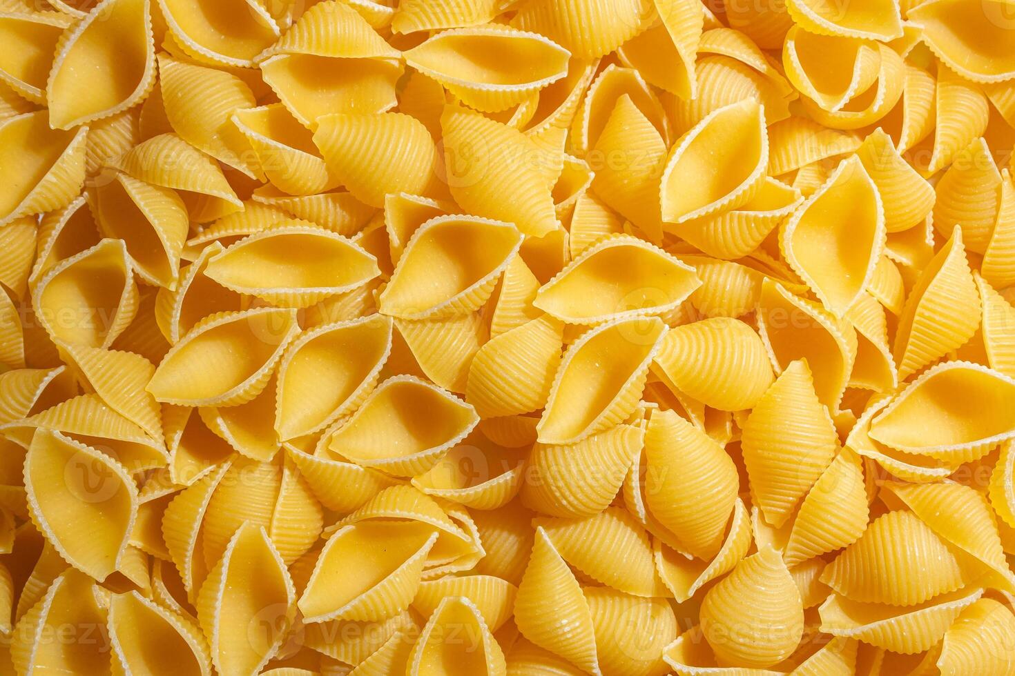 Uncooked Conchiglie Pasta. A Culinary Canvas of Conchiglie Macaroni, Creating a Lively and Textured Background for Gourmet Cooking. Dry Pasta. Raw Macaroni - Top View, Flat Lay photo
