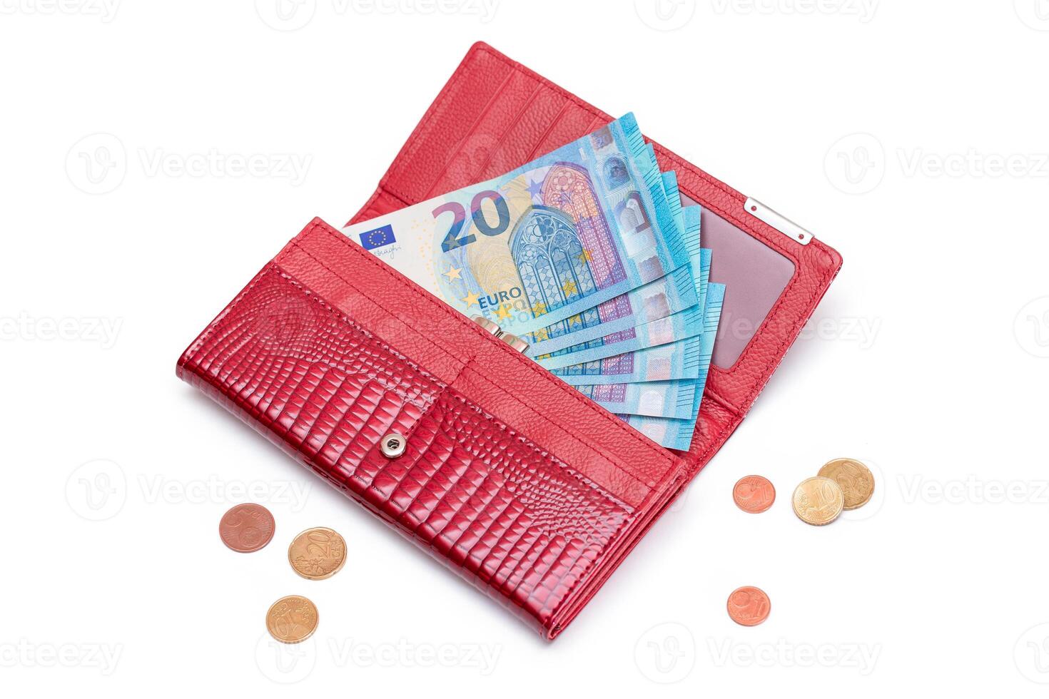 Opened Red Women Purse with 20 Euro Banknotes Inside and Scattered Euro Cent Coins - Isolated on White Background. A Wallet Full of Money Symbolizing Wealth, Success, Shopping and Social Status - Isolation photo