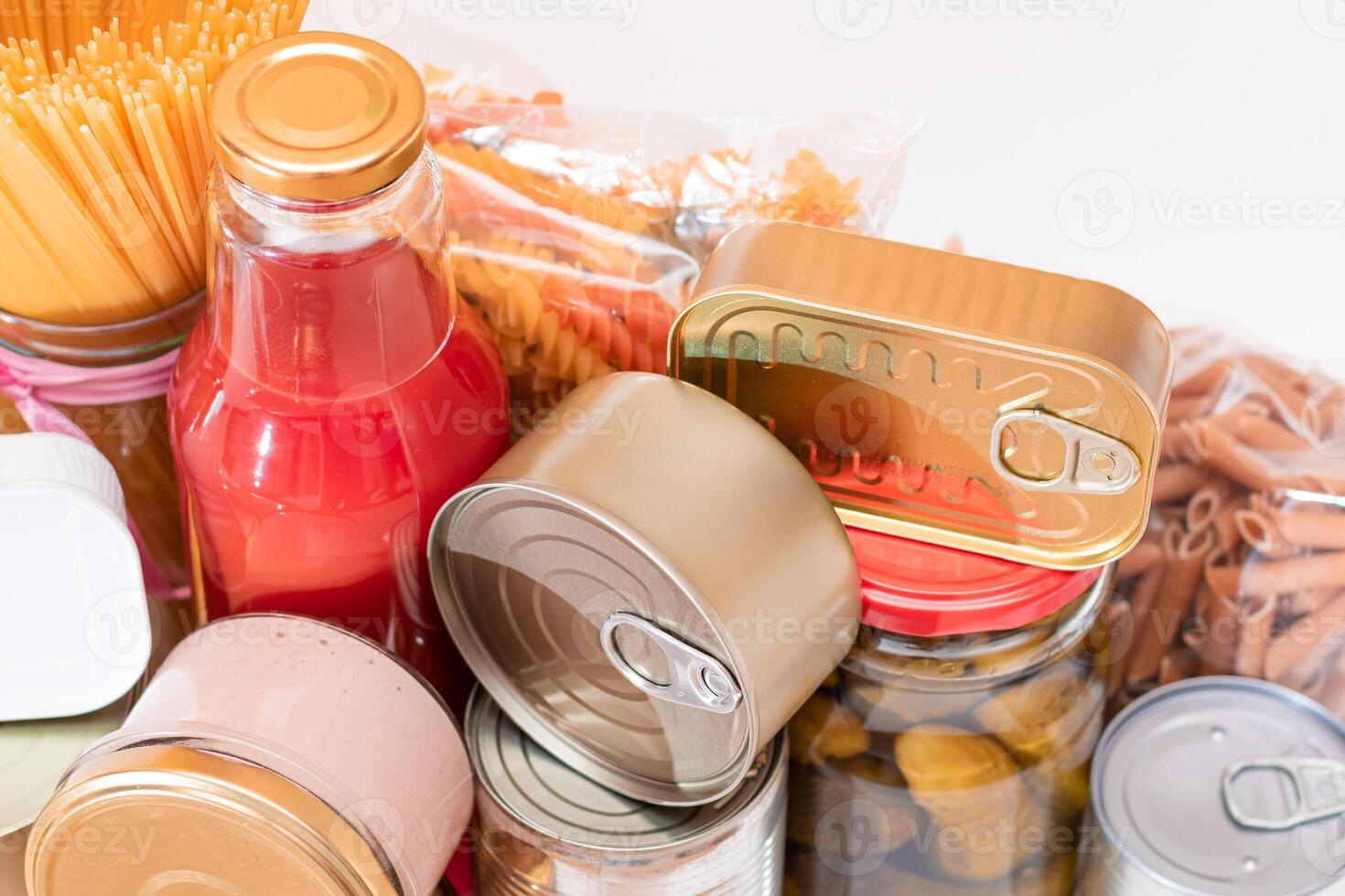 Food Reserves. Canned Food, Spaghetti, Tomato Juice, Pasta and Grocery. Emergency Food Storage in Case of Crisis. Strategic Food Supplies photo