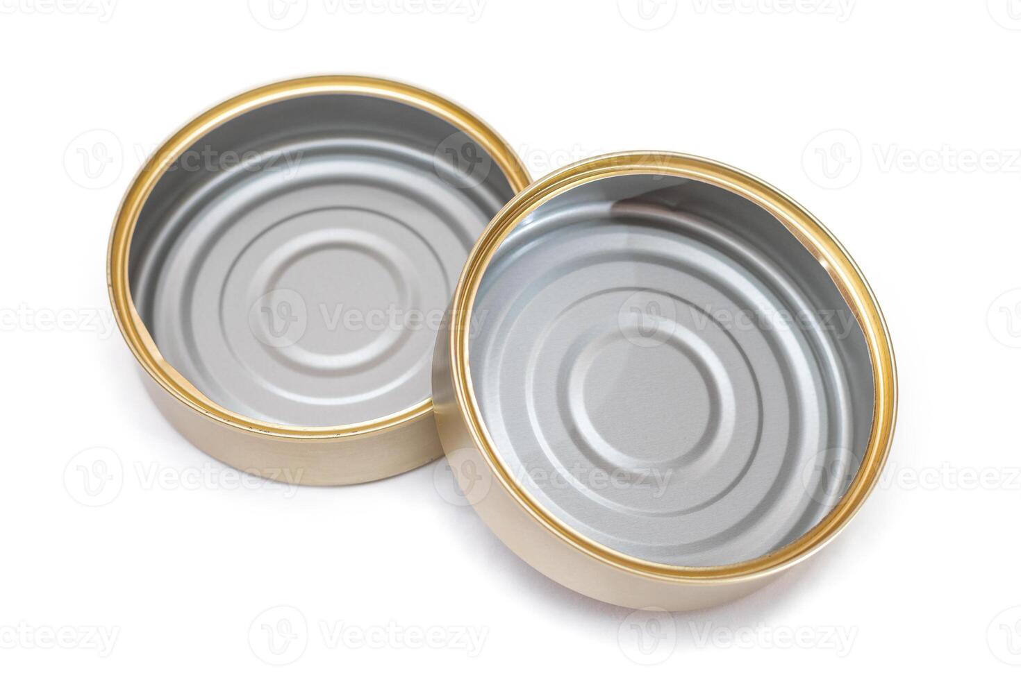 Two Opened Empty Tin Cans Isolated on White Background. Clean Used Aluminum Cans - Isolation. Non-Degradable Inorganic Waste photo