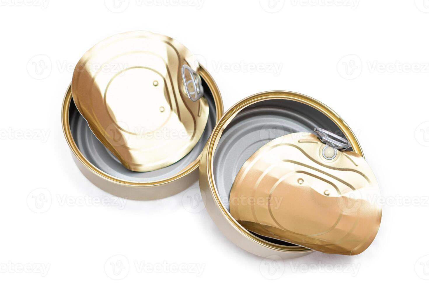 Two Opened Empty Tin Cans With Broken Cover Isolated on White Background. Clean Used Aluminum Cans - Isolation. Non-Degradable Inorganic Waste photo