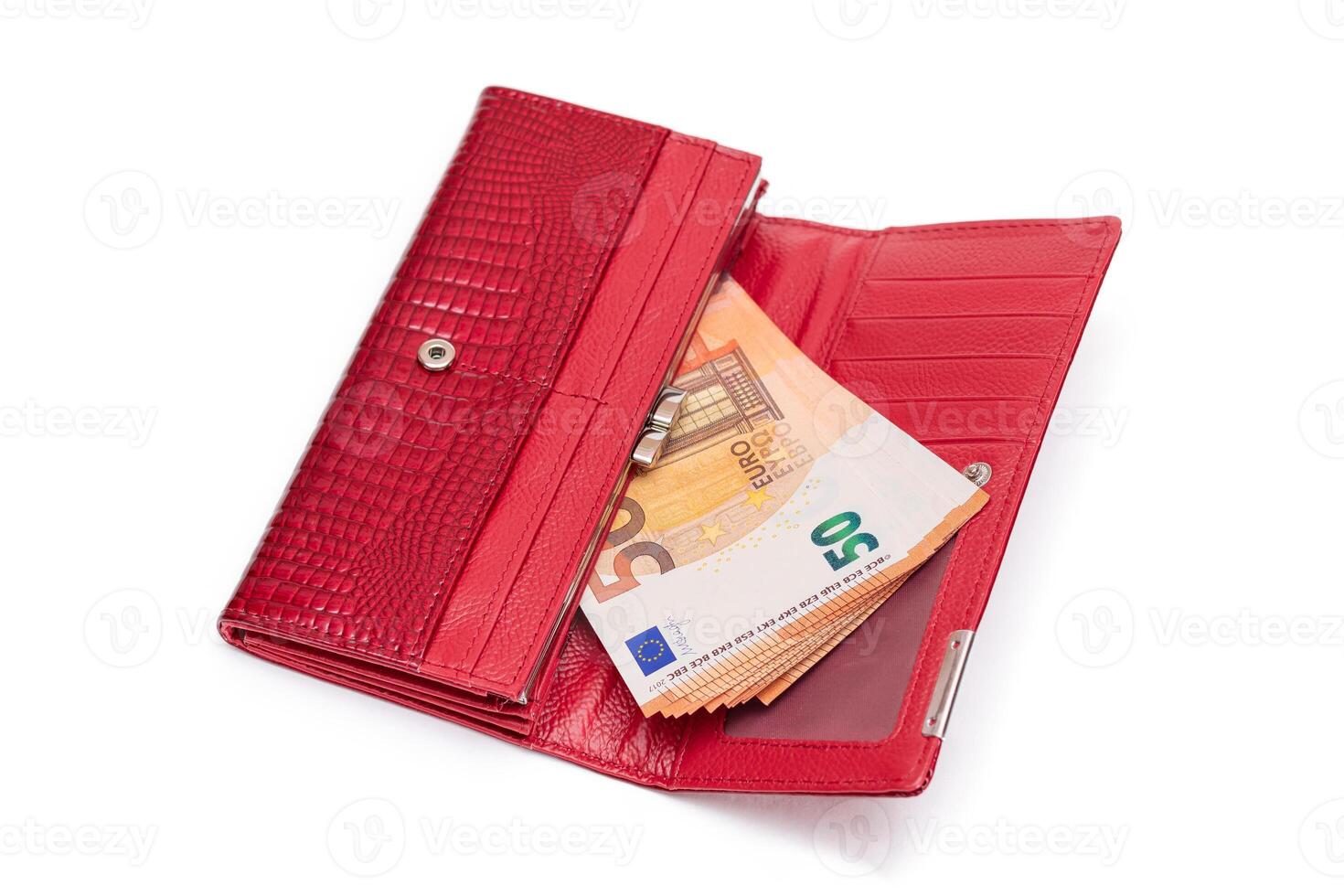Opened Red Women Purse with 50 Euro Banknotes Inside - Isolated on White Background. A Wallet Full of Money Symbolizing Wealth, Success, Shopping and Social Status - Isolation photo