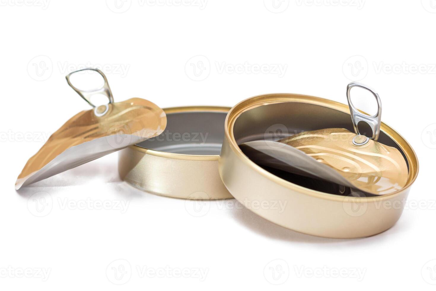 Two Opened Empty Tin Cans With Broken Cover Isolated on White Background. Clean Used Aluminum Cans - Isolation. Non-Degradable Inorganic Waste photo