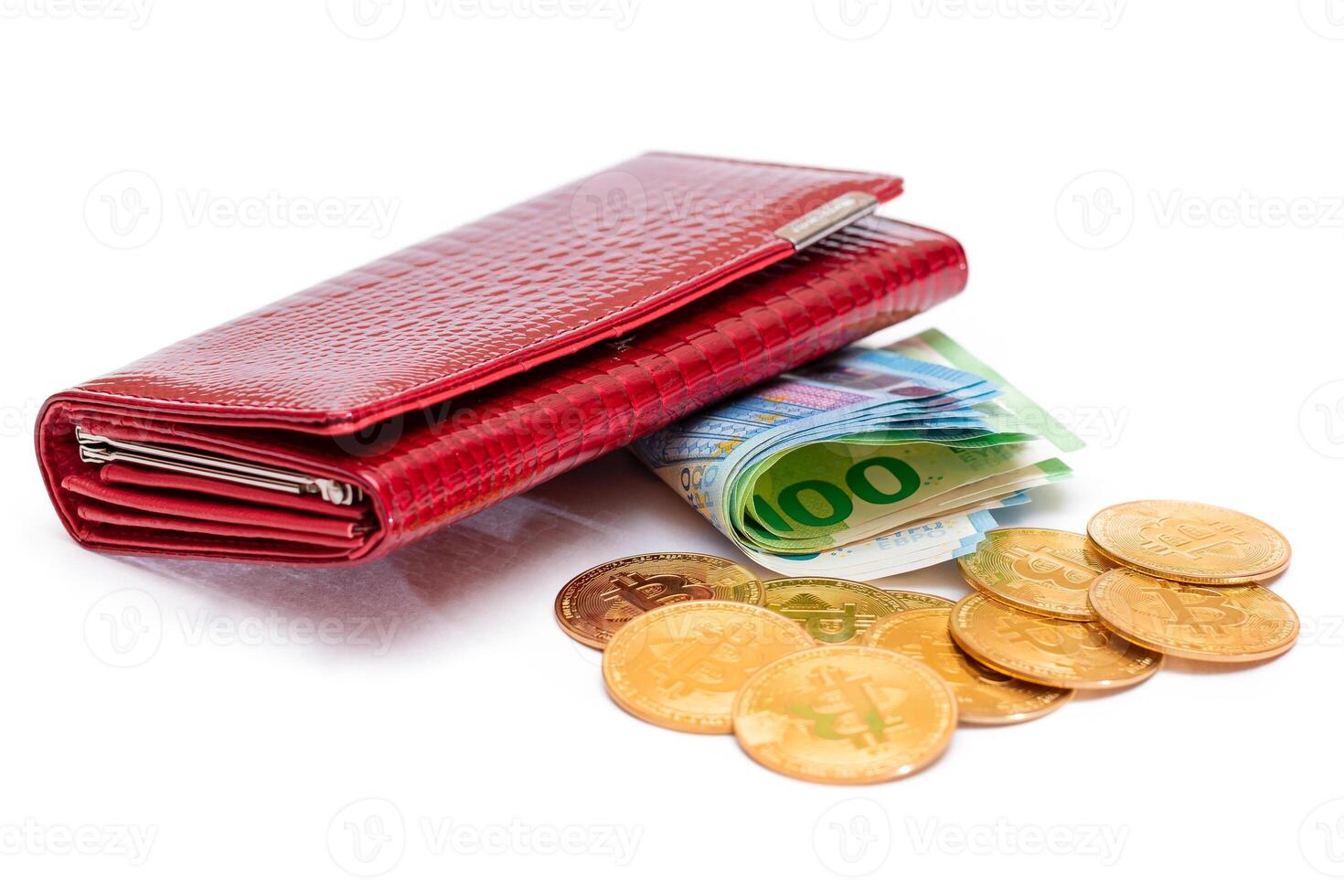 Red Leather Women Purse with Different Euro Banknotes and Bitcoin Coins - Isolated on White Background. A Wallet Full of European Union Paper Money Symbolizing Wealth and Success - Isolation photo