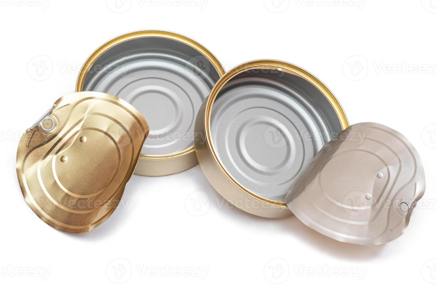 Two Opened Empty Tin Cans With Broken Cover Isolated on White Background. Clean Used Aluminum Cans - Isolation. Non-Degradable Inorganic Waste photo