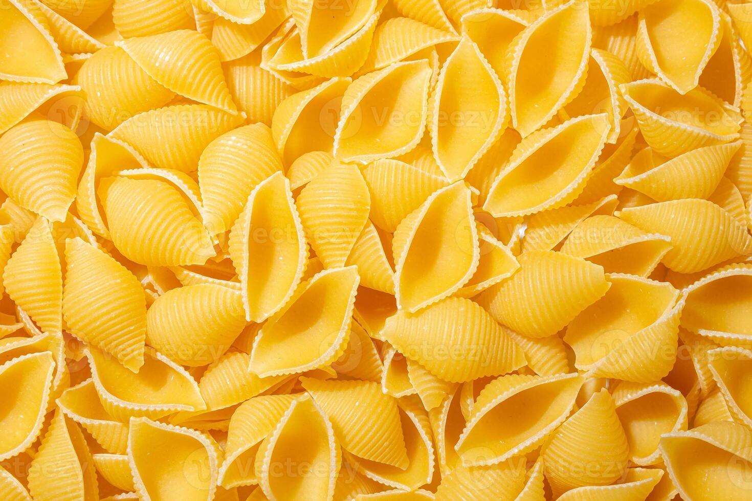 Uncooked Conchiglie Pasta. A Culinary Canvas of Conchiglie Macaroni, Creating a Lively and Textured Background for Gourmet Cooking. Dry Pasta. Raw Macaroni - Top View, Flat Lay photo