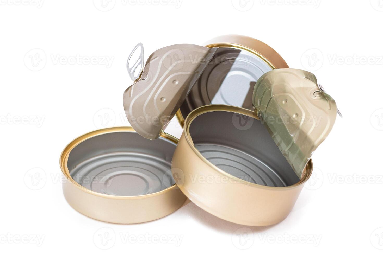 Three Opened Empty Tin Cans Isolated on White Background. Clean Used Aluminum Cans - Isolation. Non-Degradable Inorganic Waste photo