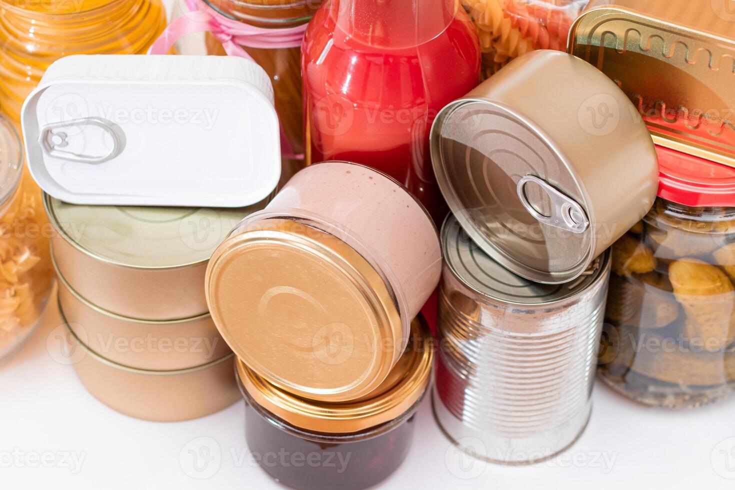 Food Reserves. Canned Food, Spaghetti, Tomato Juice, Pasta and Grocery. Emergency Food Storage in Case of Crisis. Strategic Food Supplies photo