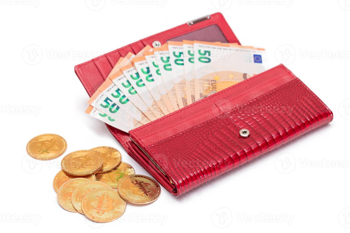 Opened Red Women Purse with 50 Euro Banknotes Inside and Bitcoin Coins - Isolated on White Background. A Wallet Full of Money Symbolizing Wealth, Success, Shopping and Social Status - Isolation photo