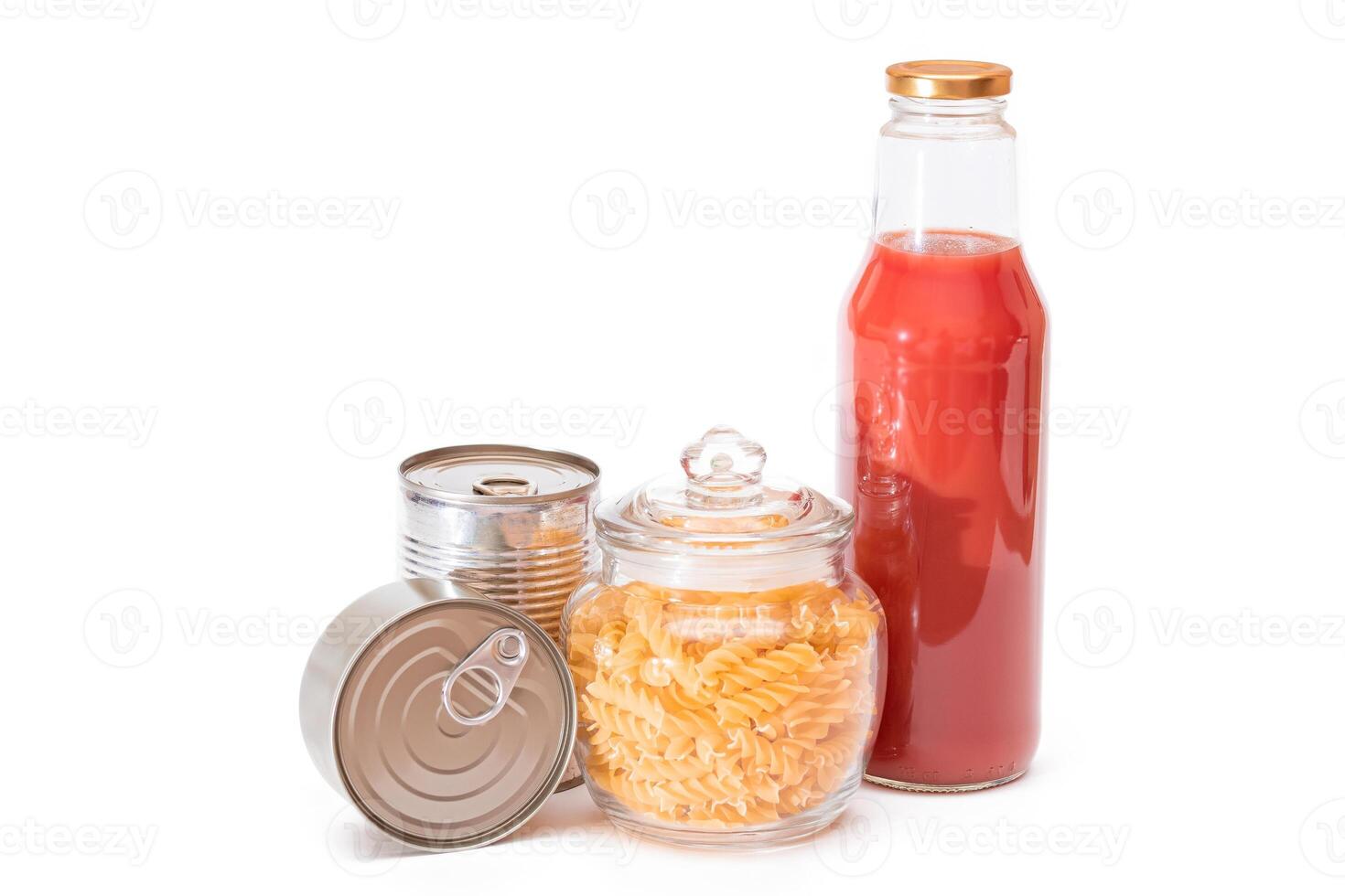 Food Reserves. Canned Food, Spaghetti, Pate, Tuna, Tomato Juice, Pasta, Fish and Grocery - Isolated on White Background. Emergency Food Storage in Case of Crisis. Strategic Food Supplies - Isolation photo
