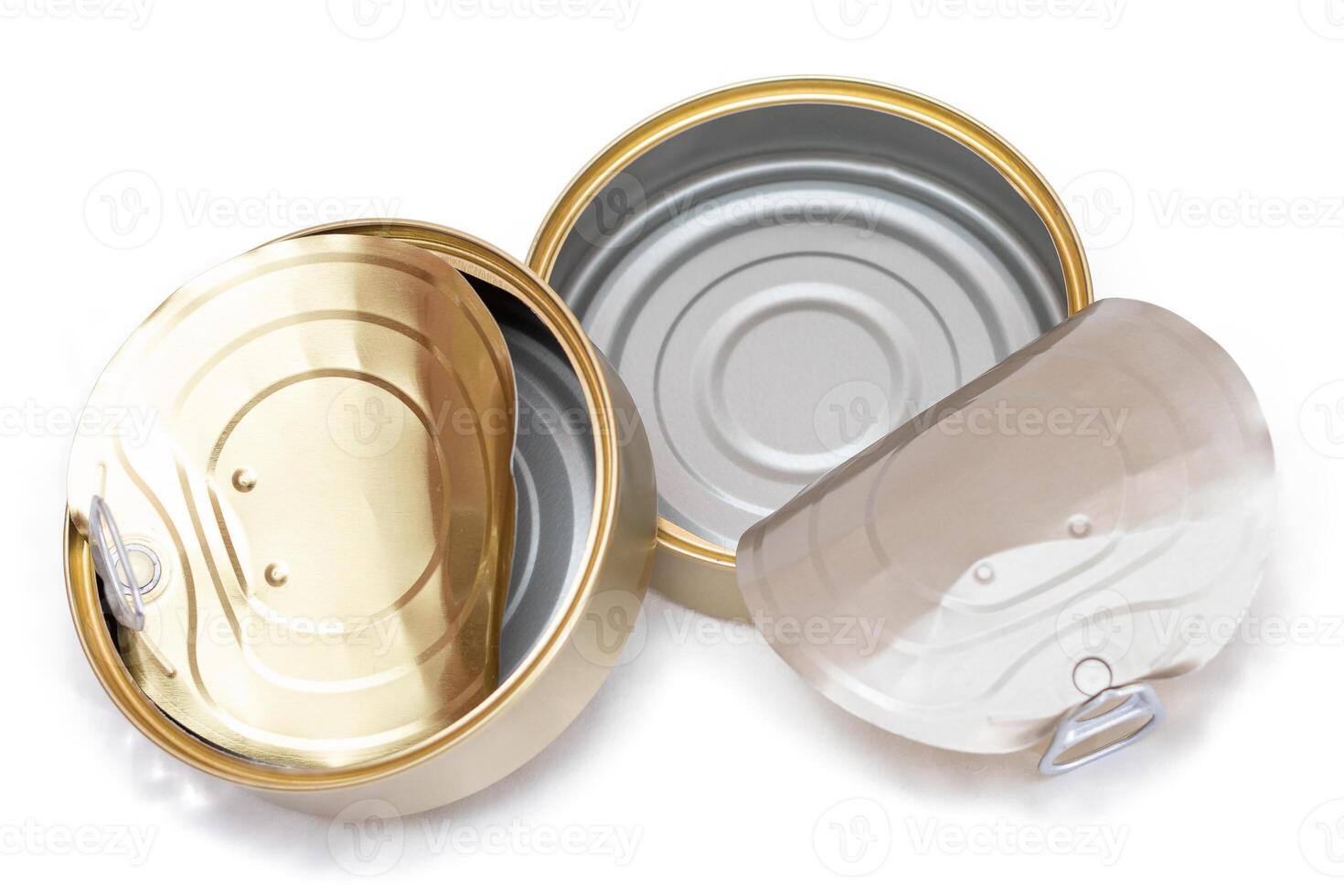 Two Opened Empty Tin Cans With Broken Cover Isolated on White Background. Clean Used Aluminum Cans - Isolation. Non-Degradable Inorganic Waste photo