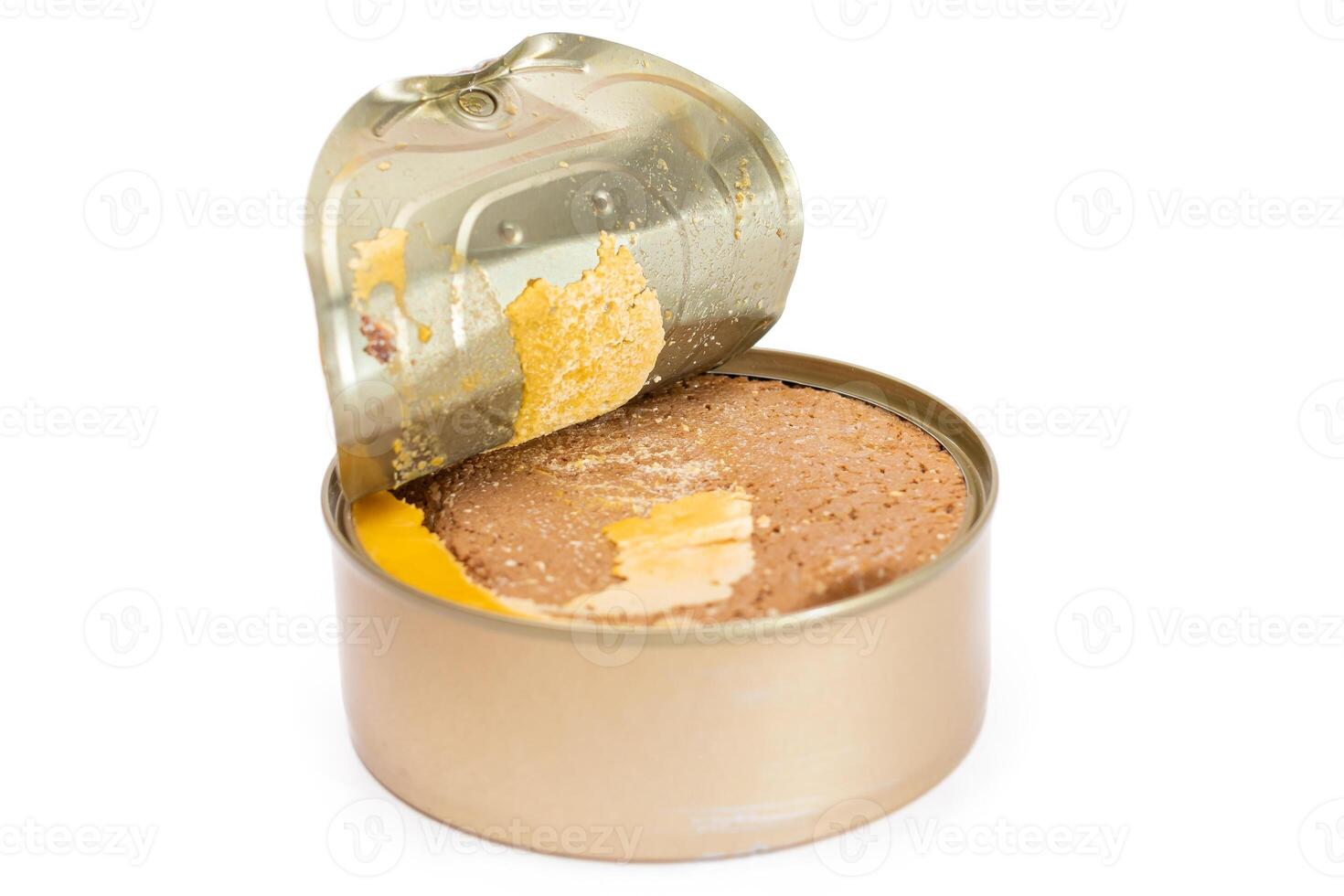 Opened Tin Can with Chicken Liver Pate Isolated on White Background. Open Canned Pate - Isolation photo