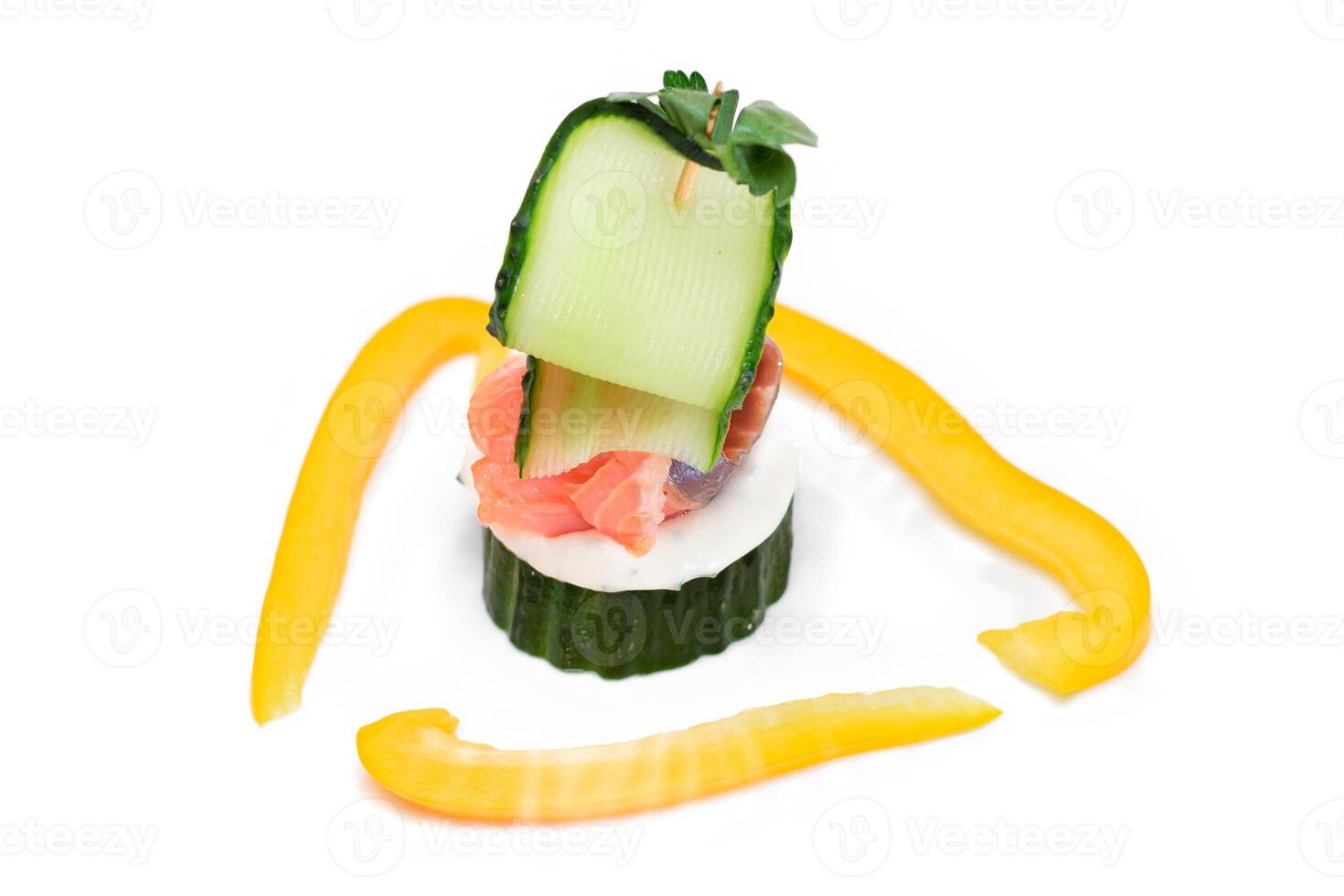 Canapes without Bread with Fresh Salmon, Cucumber and Cream Cheese - Isolated on White Background. Easy Breakfast. Diet Food. Quick and Healthy Sandwiches. Healthy Snacks with Tasty Fillings photo