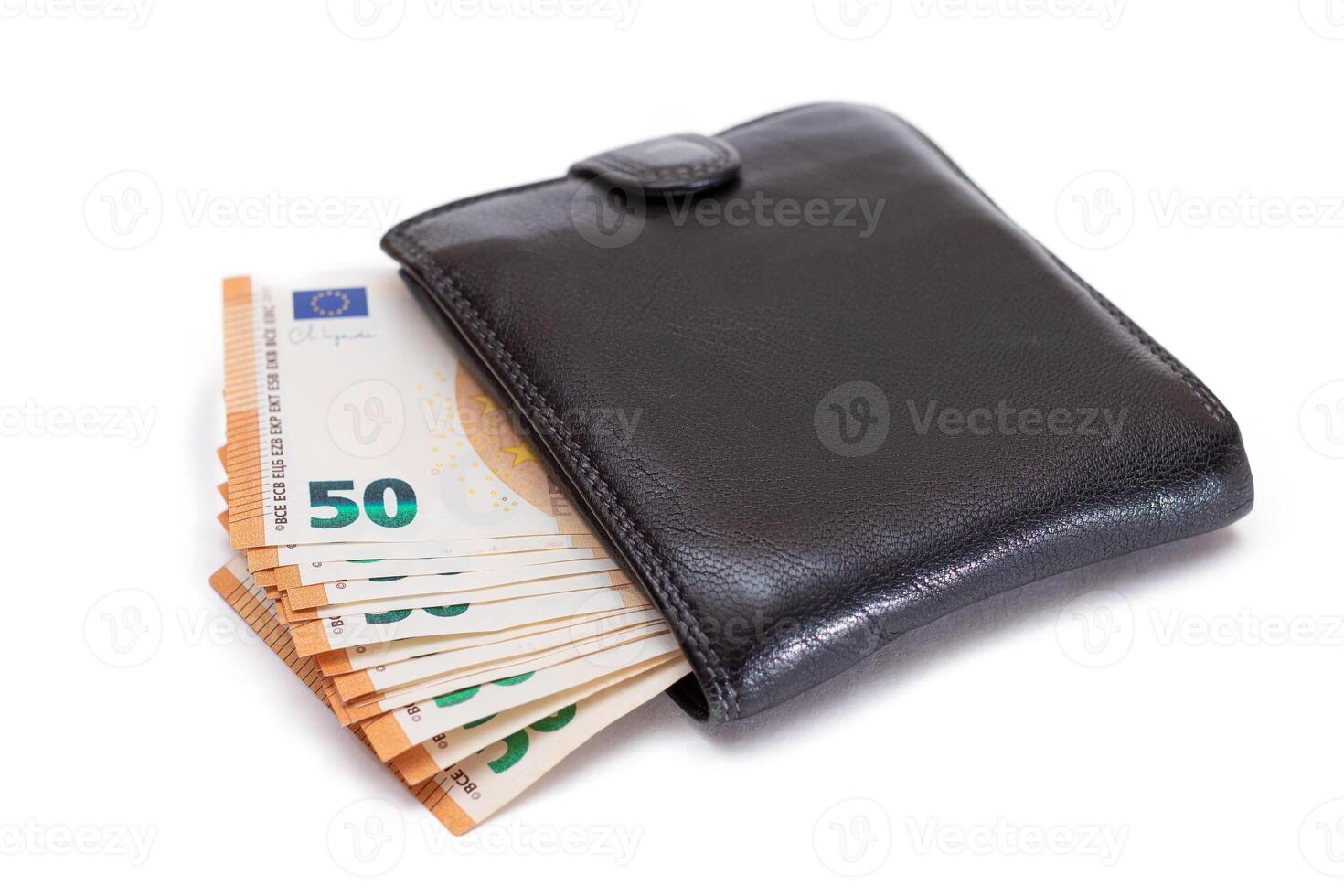 Black Leather Men Wallet with Fifty Euro Banknotes Inside - Isolated on White Background. A Purse Full of Money Symbolizing Wealth, Success and Social Status - Isolation photo