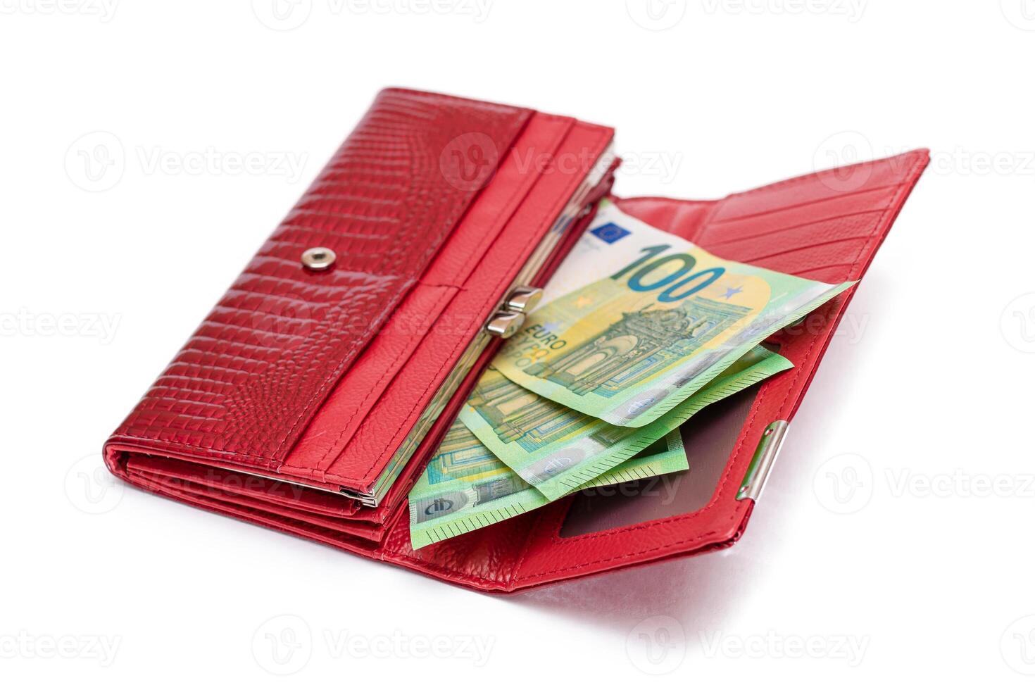 Opened Red Leather Women Purse with One Hundred Euro Banknotes Inside - Isolated on White Background. A Wallet Full of Money Symbolizing Wealth, Success, Shopping and Social Status - Isolation photo