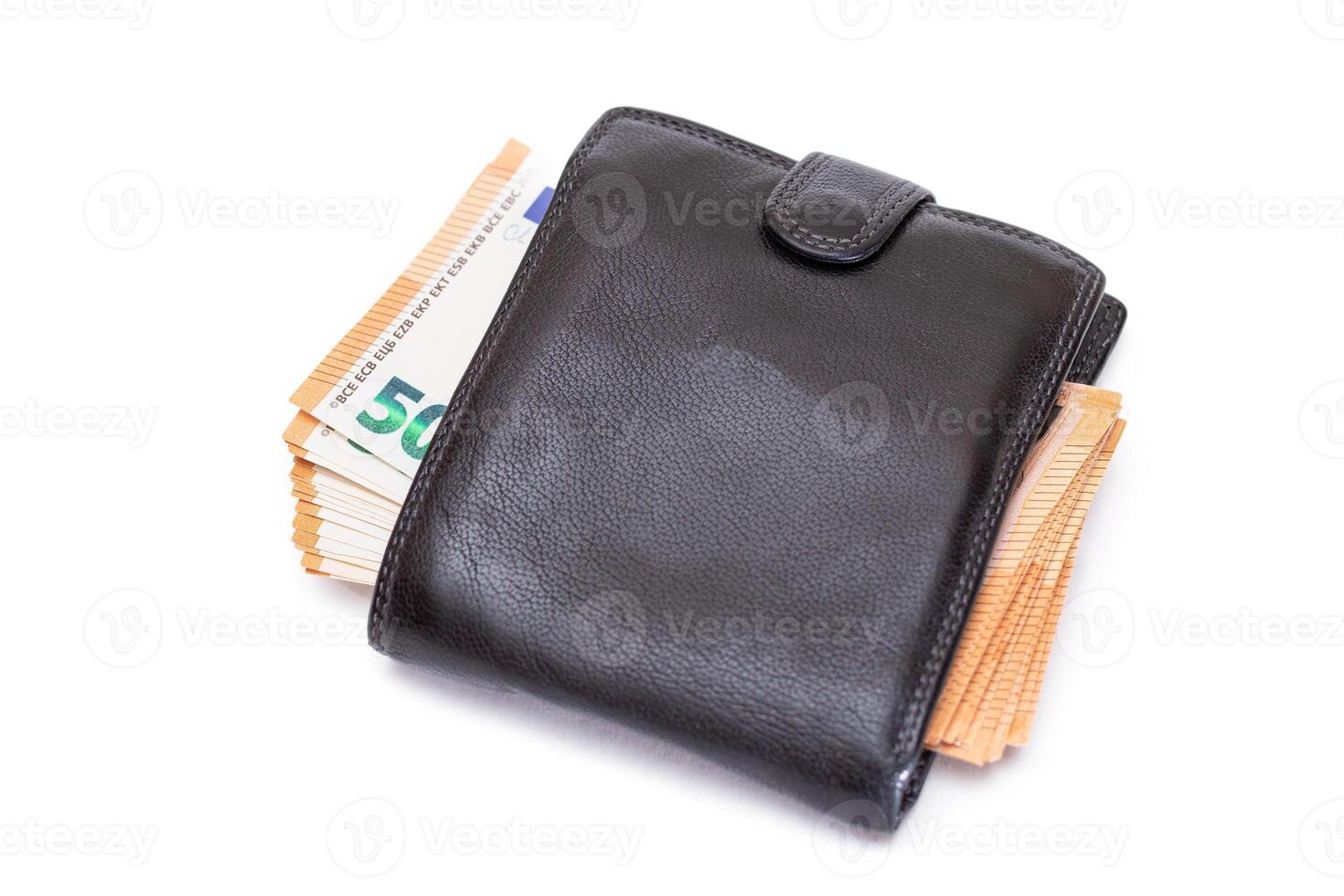 Black Leather Men Wallet with Fifty Euro Banknotes Inside - Isolated on White Background. A Purse Full of Money Symbolizing Wealth, Success and Social Status - Isolation photo