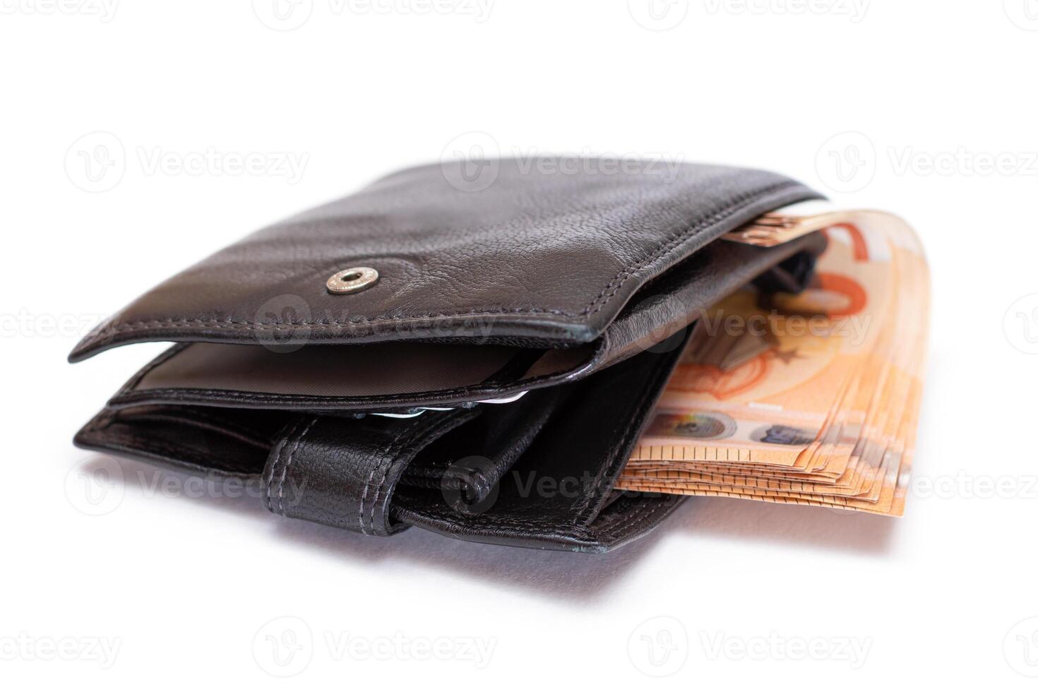 Black Leather Men Wallet with Fifty Euro Banknotes Inside - Isolated on White Background. A Purse Full of Money Symbolizing Wealth, Success and Social Status - Isolation photo