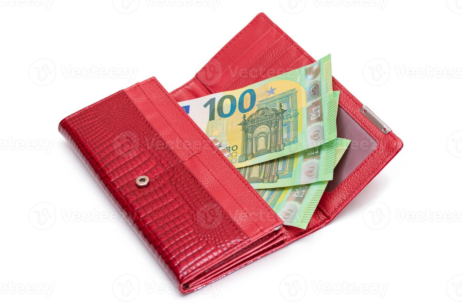 Opened Red Leather Women Purse with One Hundred Euro Banknotes Inside - Isolated on White Background. A Wallet Full of Money Symbolizing Wealth, Success, Shopping and Social Status - Isolation photo