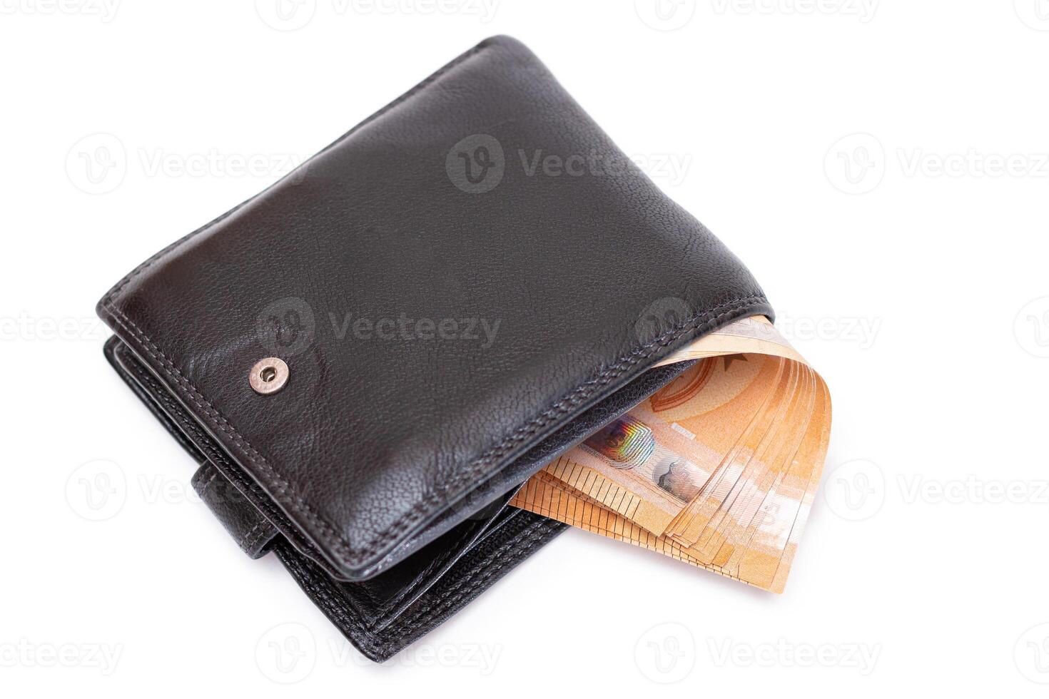 Black Leather Men Wallet with Fifty Euro Banknotes Inside - Isolated on White Background. A Purse Full of Money Symbolizing Wealth, Success and Social Status - Isolation photo