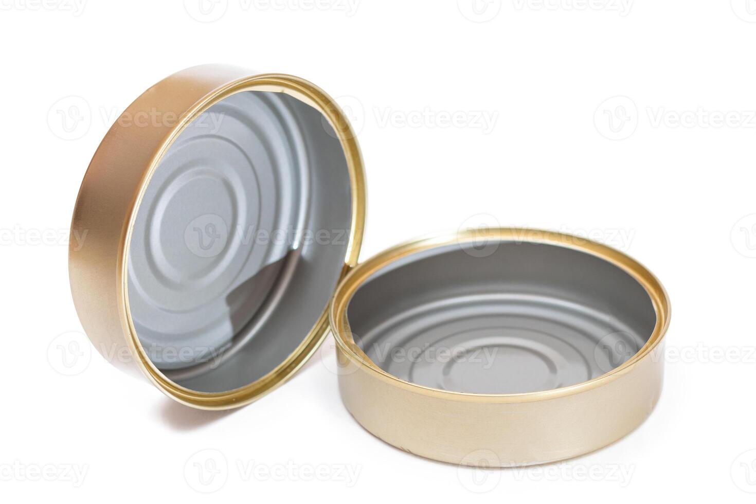 Two Opened Empty Tin Cans Isolated on White Background. Clean Used Aluminum Cans - Isolation. Non-Degradable Inorganic Waste photo