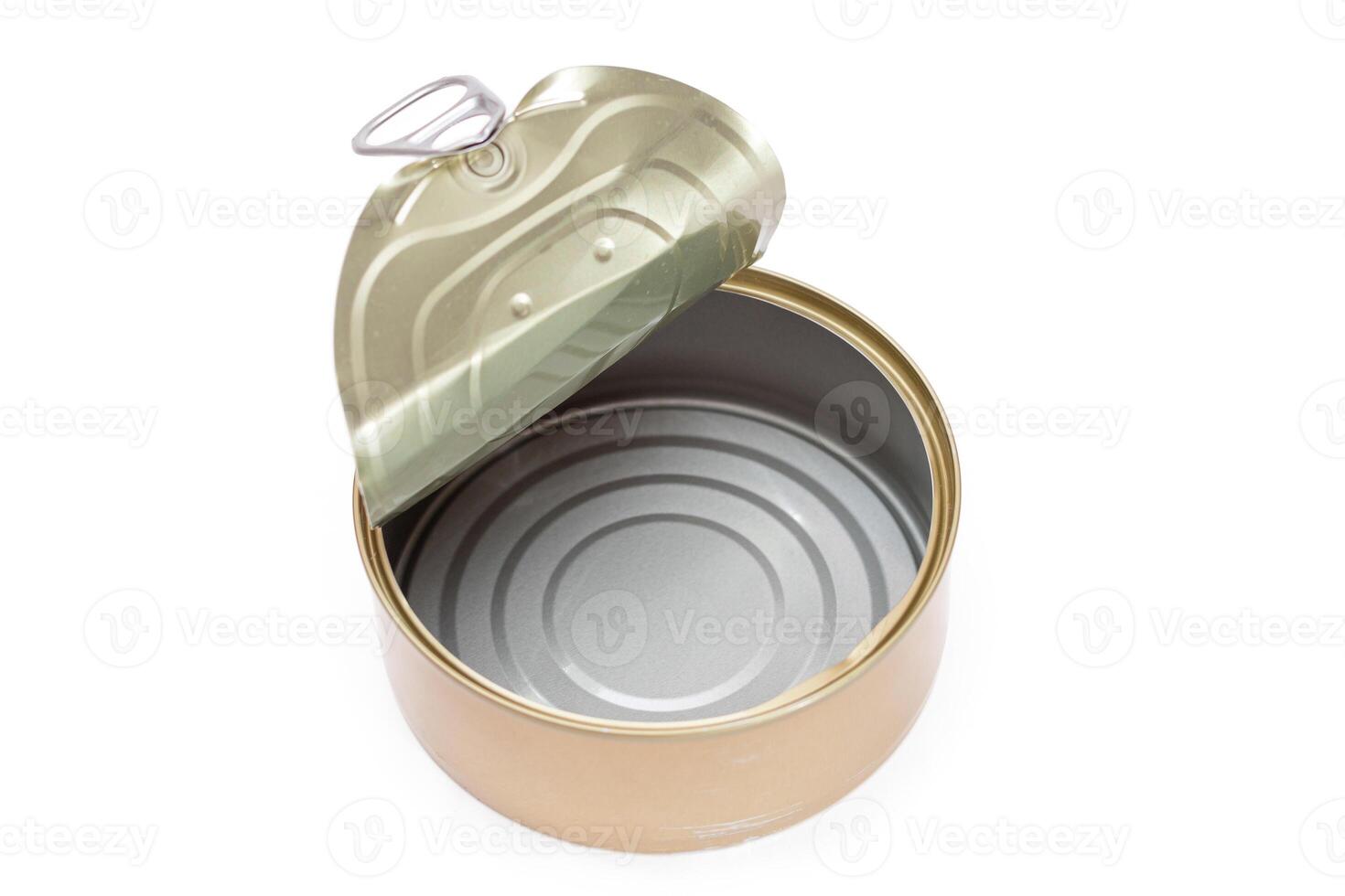 Opened Empty Tin Can Isolated on White Background. Clean Used Aluminum Can - Isolation. Non-Degradable Inorganic Waste photo