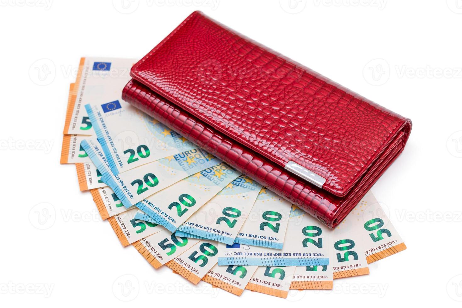 Red Leather Women Purse with Different Euro Banknotes - Isolated on White Background. A Wallet Full of European Union Paper Money Symbolizing Wealth, Success and Social Status - Isolation photo