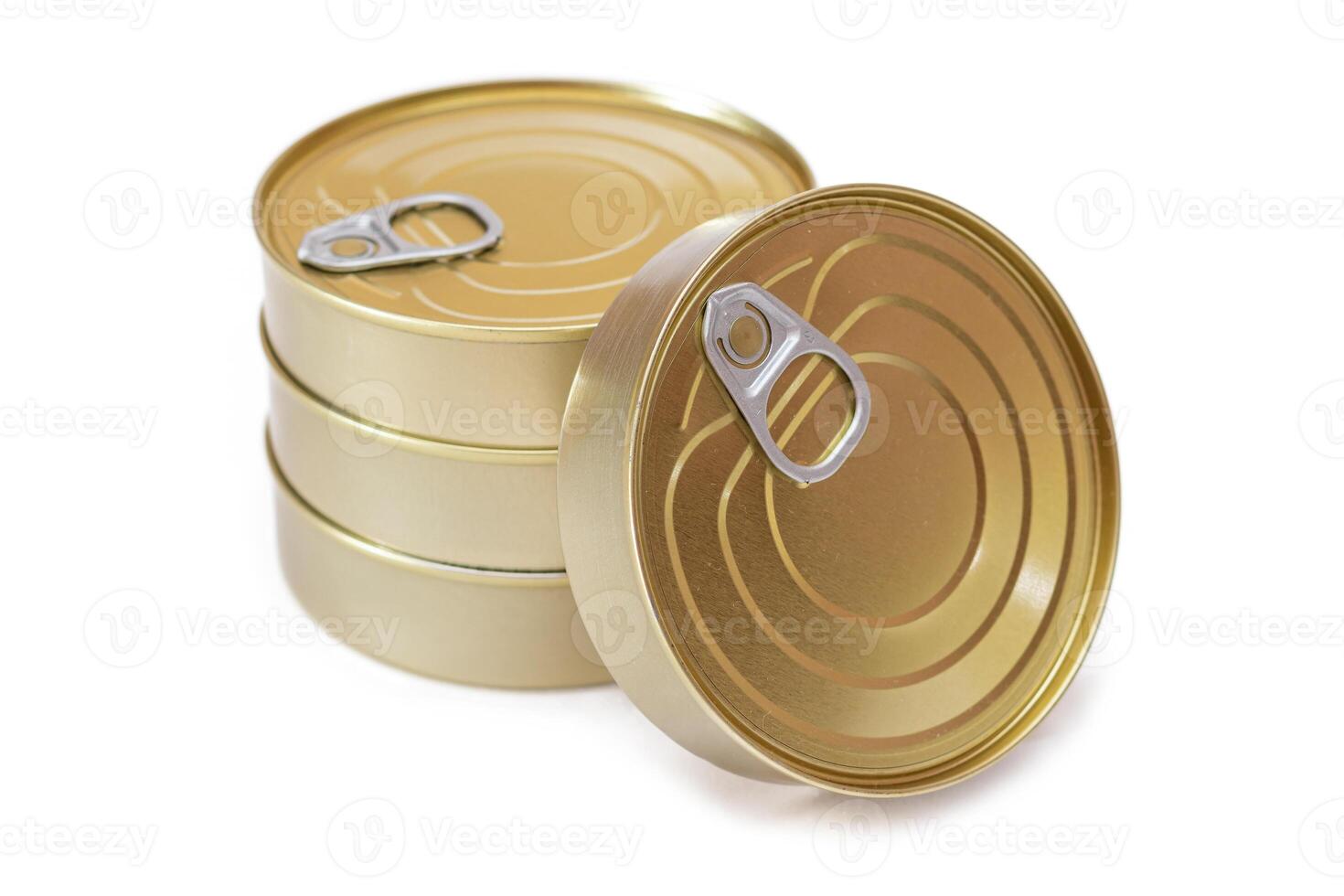 A Group of Stacked Tin Cans with Blank Edges Isolated on White Background. Canned Food. Different Aluminum Cans for Safe and Long Term Storage of Food. Steel Sealed Food Storage Containers - Isolation photo