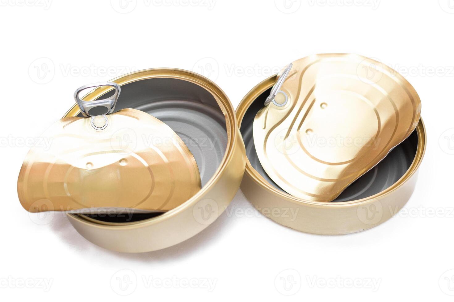 Two Opened Empty Tin Cans With Broken Cover Isolated on White Background. Clean Used Aluminum Cans - Isolation. Non-Degradable Inorganic Waste photo