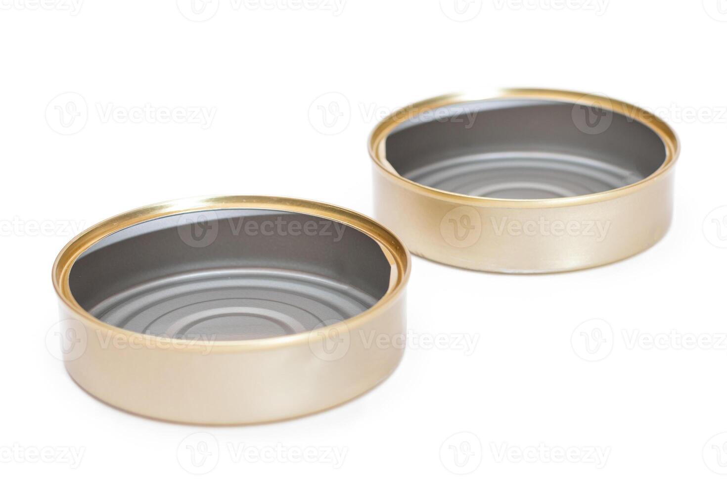Two Opened Empty Tin Cans Isolated on White Background. Clean Used Aluminum Cans - Isolation. Non-Degradable Inorganic Waste photo