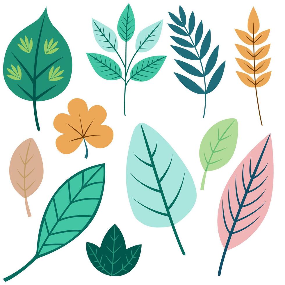 Set of Leaves in Orange, Green, and Pink Shades vector