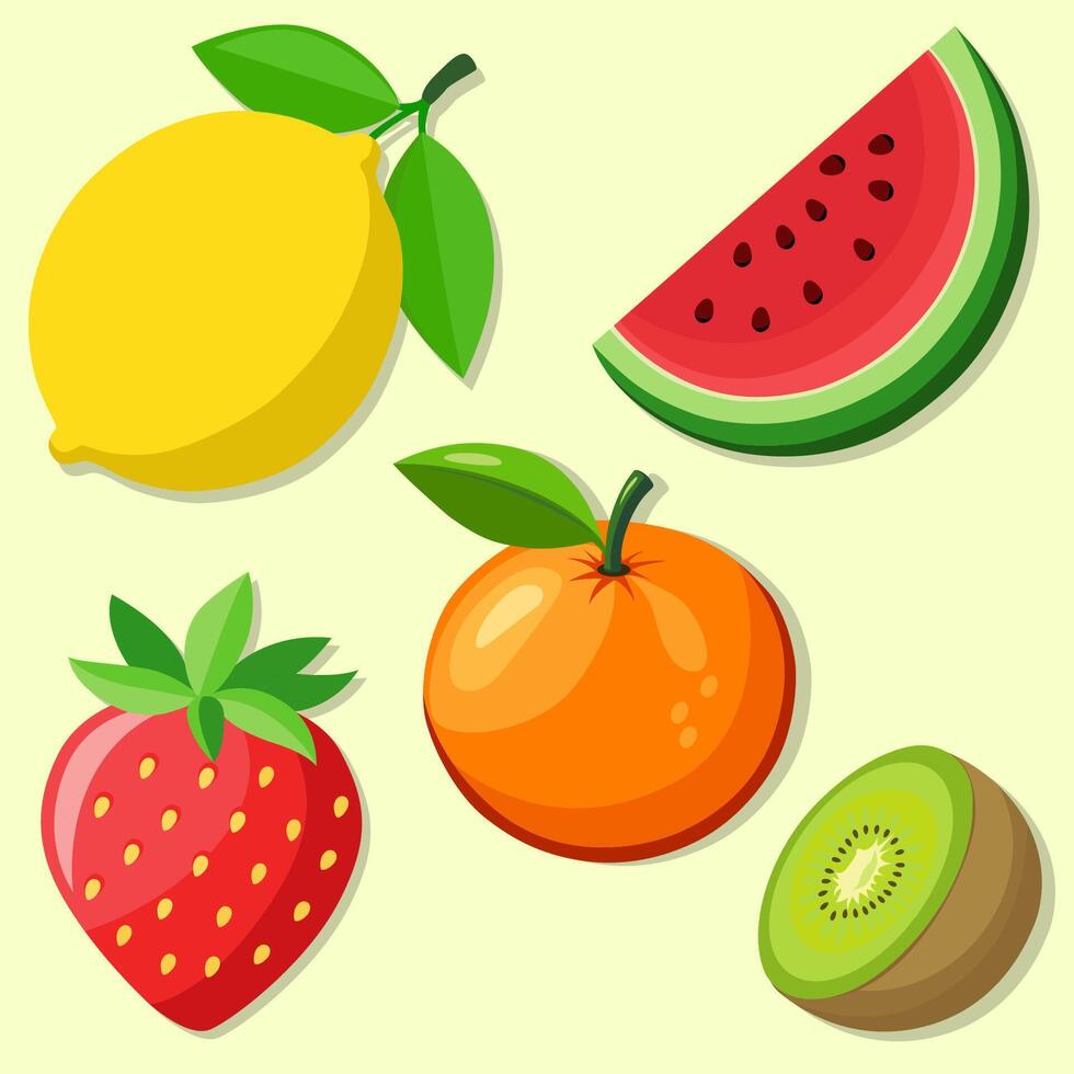 Flat Fruit Set Featuring Strawberry Kiwi Mandarin Watermelon and Lemon vector